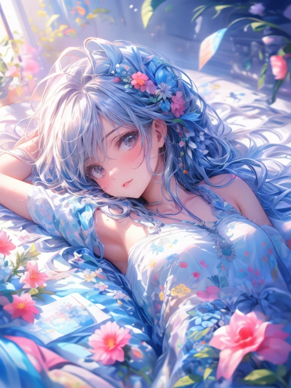 masterpiece:1.2, 8k, (best quality,ultra-detailed,photorealistic:1.37),1girl, soft light, cute girllying on a bed covered with a multitude of flowers,soft and delicate petals,fragrant blossoms,an abundance of colorful blooms,freshly picked flowers scattered on the bed,beautifully arranged flower arrangement,romantic and dreamy atmosphere,vibrant and vivid flower colors,a bed filled with flowers of various types and sizes,exquisite floral patterns,HDR,UHD,studio lighting,flower petals gently falling in the air,subtle play of light and shadow among the flowers,detailed textures of the flower petals,pure white linen sheets contrasting with the vibrant flowers,meticulous attention to the smallest details,colorful bokeh in the background,an aura of tranquility and peace,perfectly captured beauty of the flowers,artistic and enchanting composition,variety of flower species,playful and whimsical ambiance,feeling of being surrounded by nature's beauty,serene and inviting atmosphere,meticulously hand-painted flowers,impeccable realism,strong floral fragrance in the air.