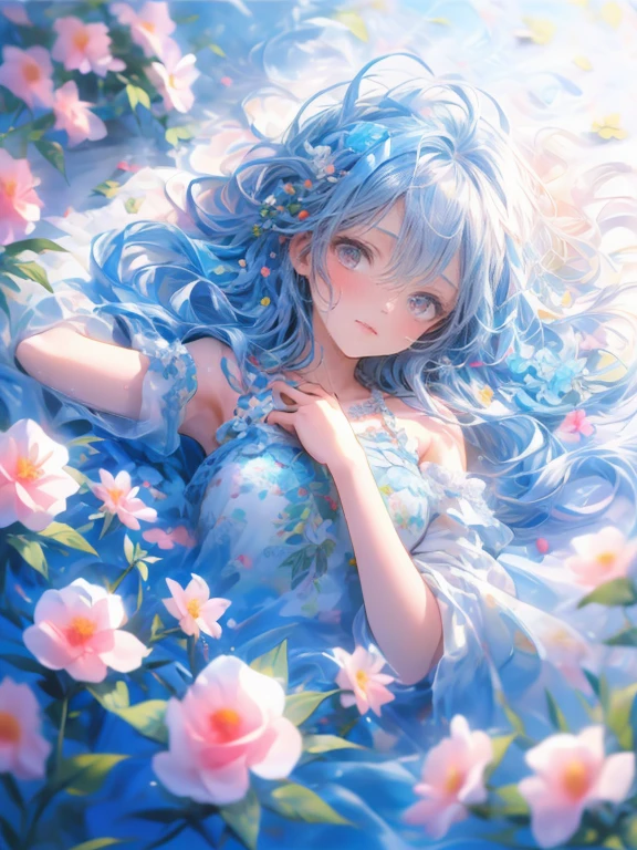 masterpiece:1.2, 8k, (best quality,ultra-detailed,photorealistic:1.37),1girl, soft light, cute girllying on a bed covered with a multitude of flowers,soft and delicate petals,fragrant blossoms,an abundance of colorful blooms,freshly picked flowers scattered on the bed,beautifully arranged flower arrangement,romantic and dreamy atmosphere,vibrant and vivid flower colors,a bed filled with flowers of various types and sizes,exquisite floral patterns,HDR,UHD,studio lighting,flower petals gently falling in the air,subtle play of light and shadow among the flowers,detailed textures of the flower petals,pure white linen sheets contrasting with the vibrant flowers,meticulous attention to the smallest details,colorful bokeh in the background,an aura of tranquility and peace,perfectly captured beauty of the flowers,artistic and enchanting composition,variety of flower species,playful and whimsical ambiance,feeling of being surrounded by nature's beauty,serene and inviting atmosphere,meticulously hand-painted flowers,impeccable realism,strong floral fragrance in the air.