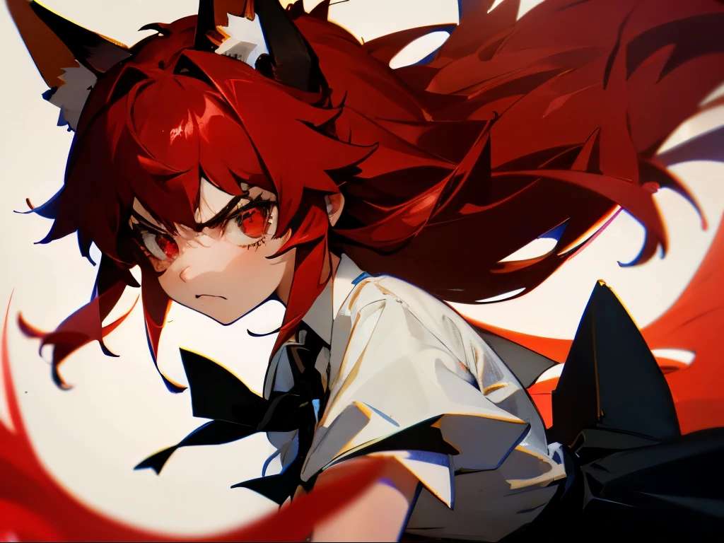 1girl ,20s,angry face,white shirt,black tie,black skirt,red hair,long hair,red eyes,fox ears,,portrait