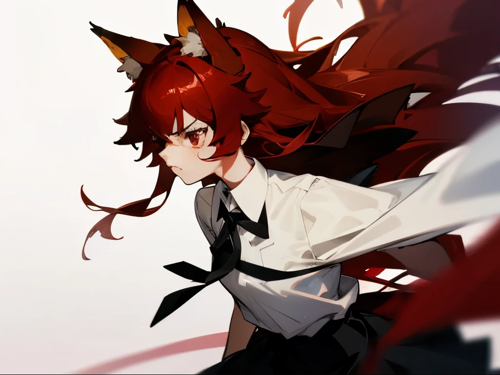 1girl ,20s,angry face,white shirt,black tie,black skirt,red hair,long hair,red eyes,fox ears,,portrait