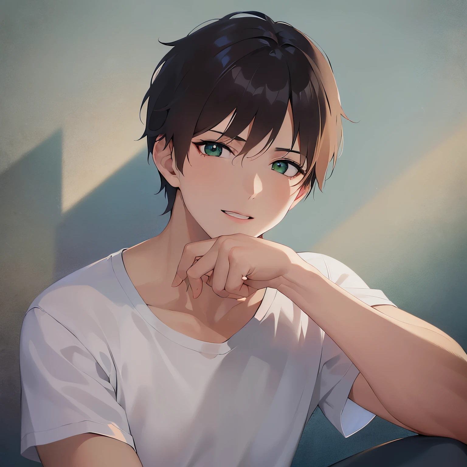 Placing hand on chin, upper body、shiny skin, masterpiece、highest quality、(25-year-old male:1.5) and (Brown short hair) and (Green Eyes), (White T-shirt)、smile, open mouth, The background is a park、(alone:1.5)