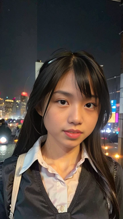 best quality, ultra high res, (photorealistic:1.4), 1girl, the girl wearing black sailor uniform, long hair, night, city scape background, city light, cinematic lighting, 80s filter, zoom to face, detailed face , looking at viewer, front view