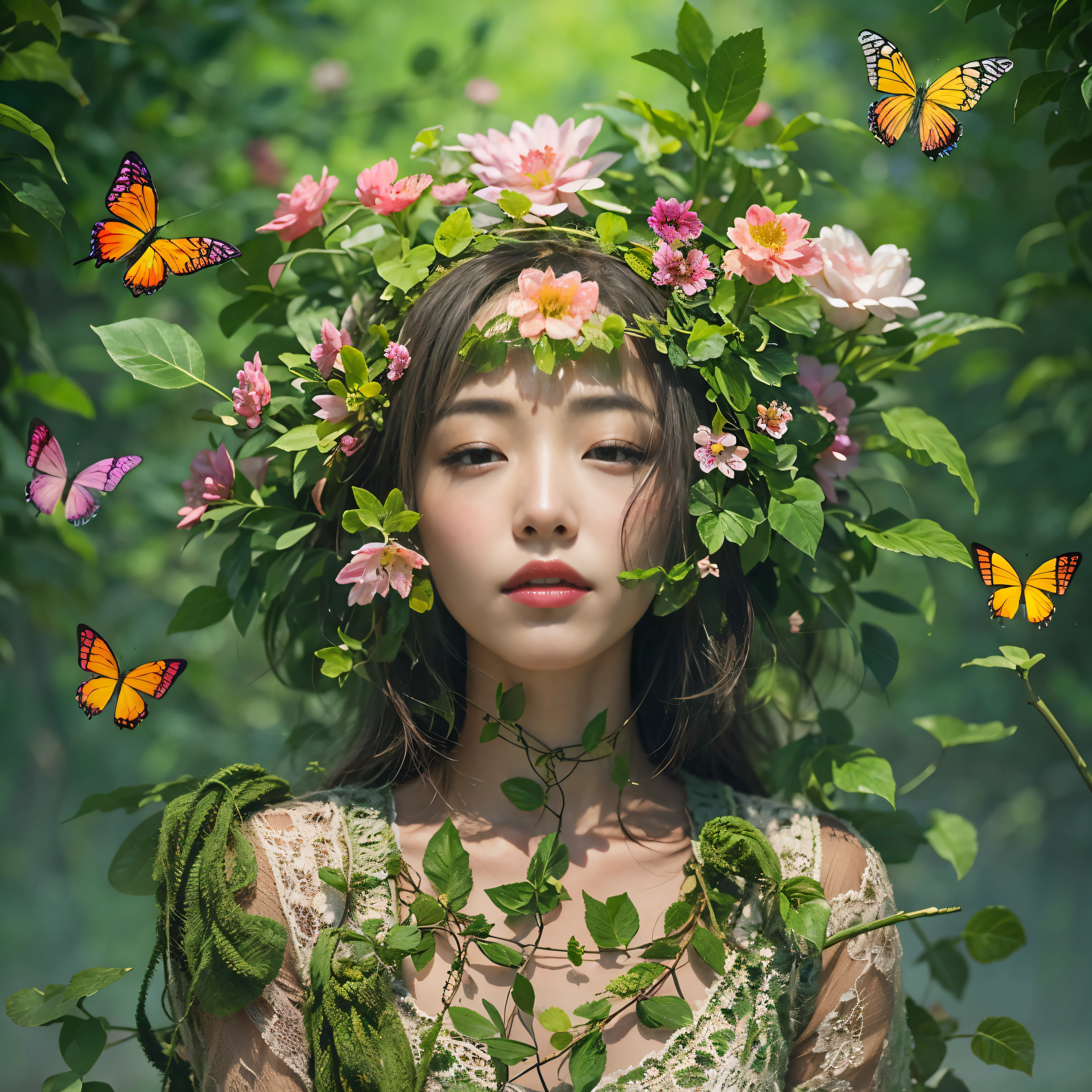 (highest quality、4k、8k、High Resolution、masterpiece:1.2)、Super detailed、(Real、Photorealistic、Photorealistic:1.37)、Plant-human hybrid、Beautifully intertwined、Creation of Nature、Fusion of biology、A blend of organic forms 、exquisite floral pattern、Plant elements combined with human features、Lush greenery enveloping the human form、Vibrant flowers sprout from human limbs、Unity in Diversity、Quietly intertwined、Blooming limbs dancing in the wind、The delicate veins of life flowing through the skin of a flower、Ethereal beauty with a slightly quirky touch、Anthropomorphic Enchanted Garden、Beyond the boundaries between nature and humanity、Celebrating the interconnectedness of all life、Awe-inspiring transformations of flora and fauna、An unexpected union of two disciplines。 media: Digital illustration、Mixed Media Works、Experimental Art Installation Additional Details: A captivating flower crown adorning the head、Ivy vines hanging down the arms and legs、Delicate petals appearing from your fingertips、Roots intertwined with leaf veins、Flowers blooming from an open mouth、Leaves that reflect the world - Human body shape、Leaves enveloping the body、Butterfly wings growing from shoulder blades、Bioluminescent mushrooms that illuminate their surroundings、Pollen floating in the air、A fantastic atmosphere、An otherworldly energy radiates from the hybrid form.、Dappled sunlight filtering through the trees and the dense foliage casting mesmerizing shadows on the ground.。 Artistic style: Surrealism、Botanical realism、Modern fantasy、Magical Realism、Fantastic beauty、dream-like、Unusual color palette: Brilliant green、Soft pastels、Warm earth tones、Pop vibrant floral pattern、A gentle gradient from light to dark、A harmonious blend of natural shades 、Iridescent lighting creates an otherworldly glow：Soft and diffused sunlight、Dappled Shadow、Glowing bioluminescence、Warm golden glow、Illuminating the interplay between plants and the human form