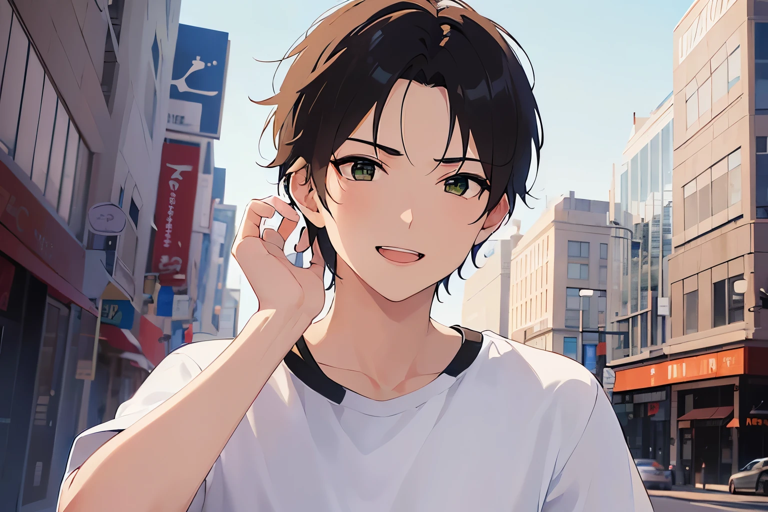 Placing hand on chin, upper body、shiny skin, masterpiece、highest quality、(25-year-old male:1.5) and (Brown short hair) and (Green Eyes), (White T-shirt)、smile, open mouth, The background is a park、(alone:1.5)