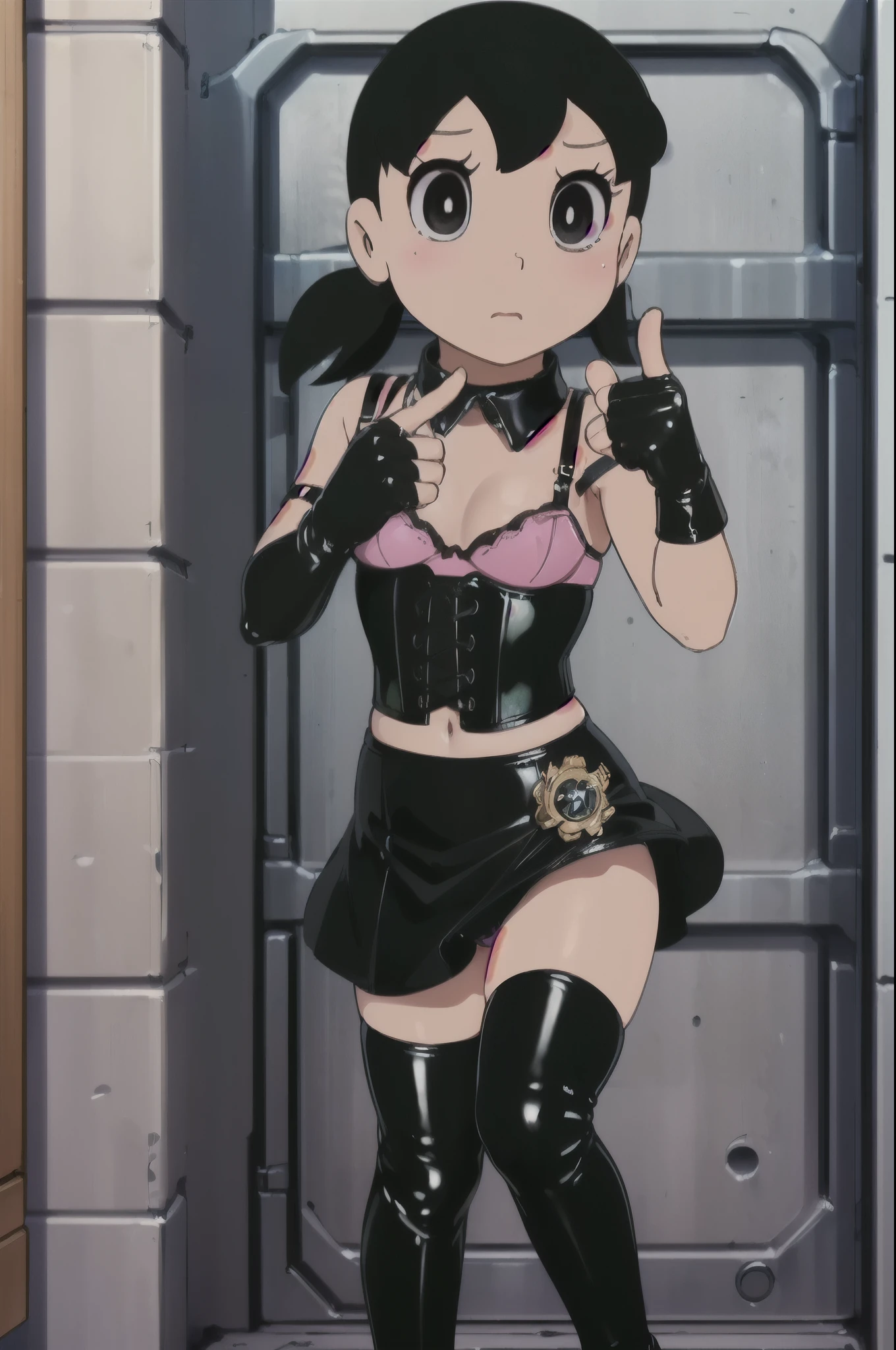 (((chibi)))、(((Lori)))、(((low length)))、((( body type)))、Slightly chubby、BDSM、Queen、mistress、(((One girl)))、solo、(((Long gloves covered to the fingertips in black latex:1.4 )))、(((Black latex corset dress:1.4)))、(((The corset dress is decorated with beautiful lace.)))、(((Corset dress with shoulder straps)))、(((Black latex tight mini skirt:1.4)))、(((Black Thigh Boots)))、(((Black fishnet stockings:1.2 )))、Stiletto heels、(((Black latex panties)))、(((Black latex bra)))、(((Black leather collar)))、(((Sexy pose:1.4 )))、Wide-open legs:1.2、(((Erotic)))、(((Cowboy Shot)))、Minamoto Shizuka、Black hair in two ponytails、One Girl、Observe the audience、Frowning、blush、Cold Stare、Contempt