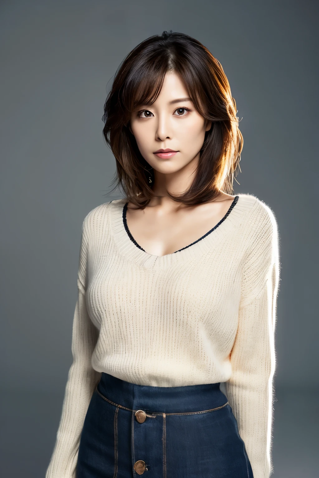masterpiece, highest quality, High resolution, Photorealistic, sharp, Raw photo, 8k wallpaper, perfection, Professional Lighting, Very detailed, Depth of written boundary, Pale plain background, ((Beautiful woman, skinny japanese milf)), (40 years old), sexy, Detailed face, Beautiful Eyes, bangs, Small breasts, Very small waist, Light brown straight hair, Faint lips, ((Stand in front, Staring at the audience, Serious face eyes.)), sweater, skirt, (Full body photo), Cowboy Shot