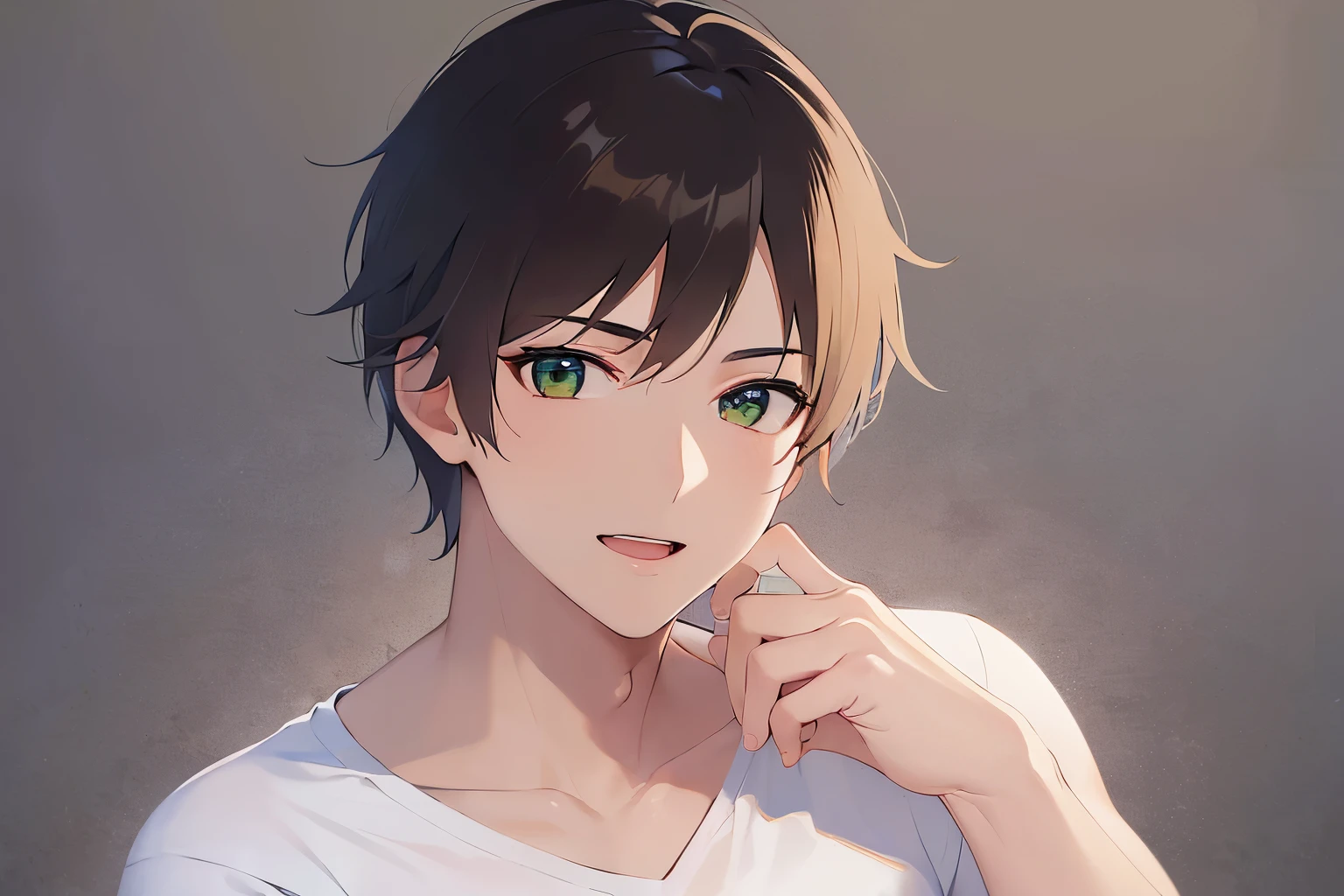 Placing hand on chin, upper body、shiny skin, masterpiece、highest quality、(25-year-old male:1.5) and (Brown short hair) and (Green Eyes), (White T-shirt)、smile, open mouth, The background is a park、(alone:1.5)