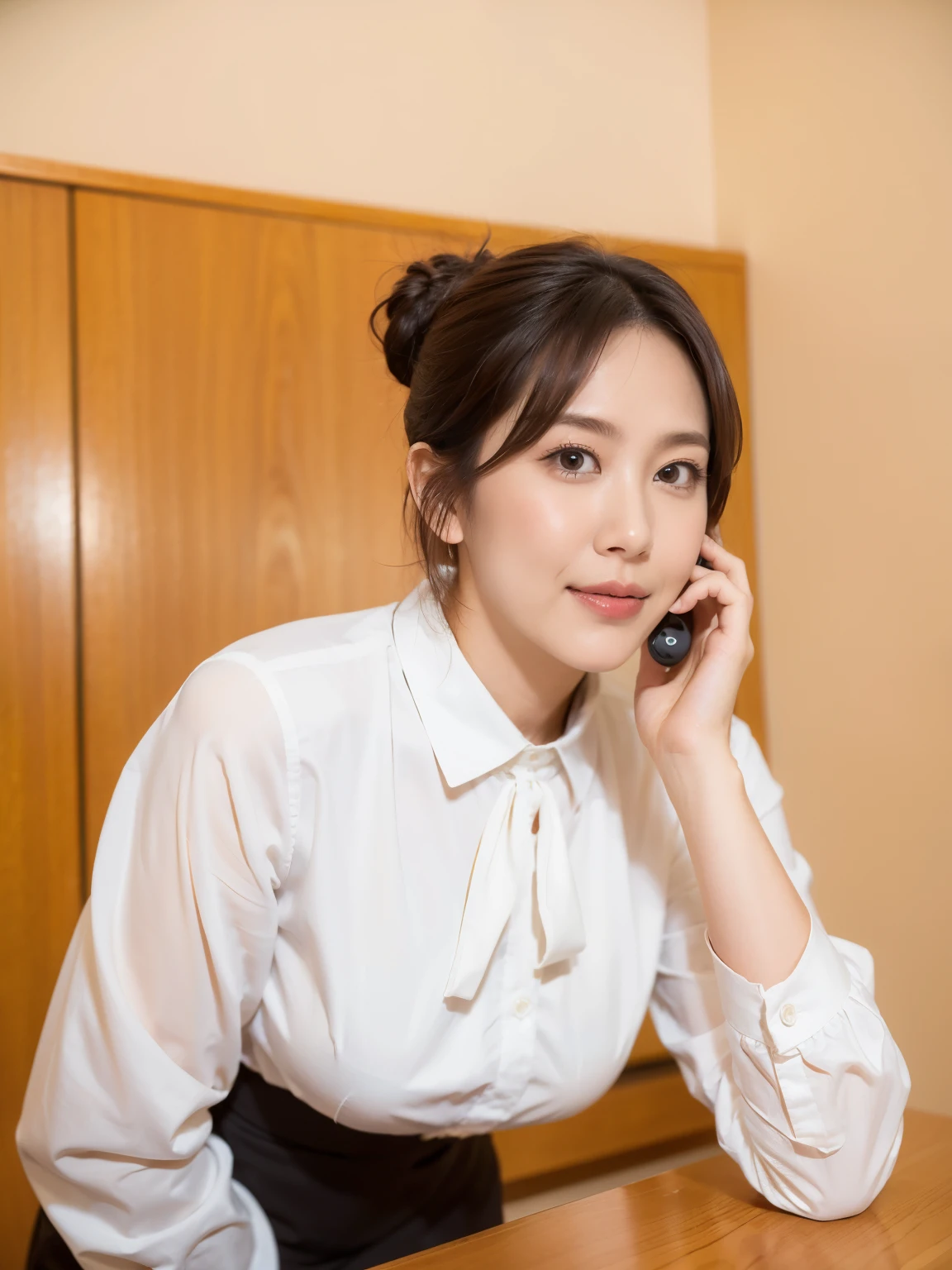 （State-of-the-art offices:1.6)、（A spacious room in a state-of-the-art building：1.6）、（High ceilings：1.6）、（Office with big windows：1.6）、（The cityscape can be seen from the window：1.2）、（Room on the 30th floor：1.2）、（Large Office、Cutting edge desk、Bright lighting）、（Bright lighting:1.4)、（There is a landline phone on the desk）、（The table is ready）、（A woman wearing a red frilly blouse：1.6）、（All buttons are fastened：1.6）、Japanese women、３８age、standard body type、D cup breasts、Short black hair、Thick legs、Hair tied up、（笑face:1.4）、Ultra-high resolution、(photoGenuineistic:1.4)、RAW Photos、Japanese,(face)、Genuine、Highly detailed face and skin texture、Highly detailed lips、The correct state of the human body、Shortcuts、