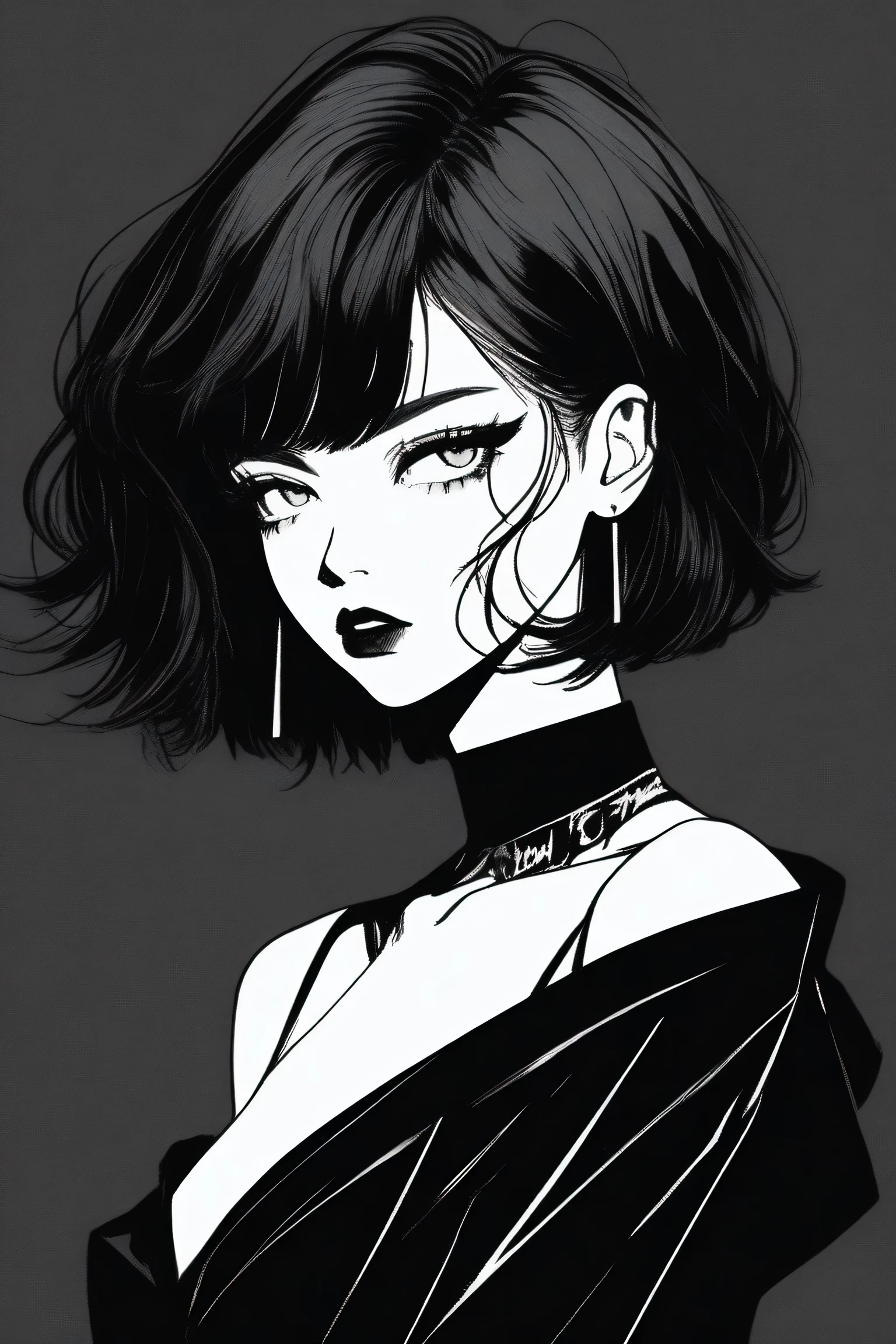 (best quality, sketch:1.2),realistic,illustrator,anime,1 girl, detailed lips, black dress,custom, (background dark monochrome),neon hair,textured cropping, masterpiece, style retro classic, noir dark, art, sketch book, (bob hair black:1.75 neon:1.32), bad women , dark monochrome background