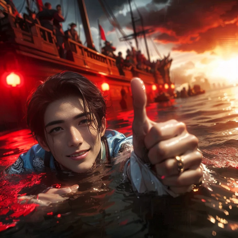 (Best Quality:1.2), (high resolution:1.2), (beautiful face and eye:1.5), (sharpest focus:1.2), (Ultra-realistic Photo:1.2), (Ultra-precise Photo:1.2), (Depth of field:1.2), (8k high resolution:1.2). (perfect anatomy:1.2),
(nice hands:1.5), (perfect hands:1.5), (One drowning Chinese man:1.2), (Very young and beautiful Chinese man:1.0), (Smiling thumbs up in a state of resignation:1.2), (Looking up angle:1.2),
(Chinese warrior in very light clothing, beaten up:1.0), (Majestic Chinese river:1.0), (Cynical smile:1.0), (Giant battleship:1.0), (Mars shining reddish-red in the night sky:1.2),