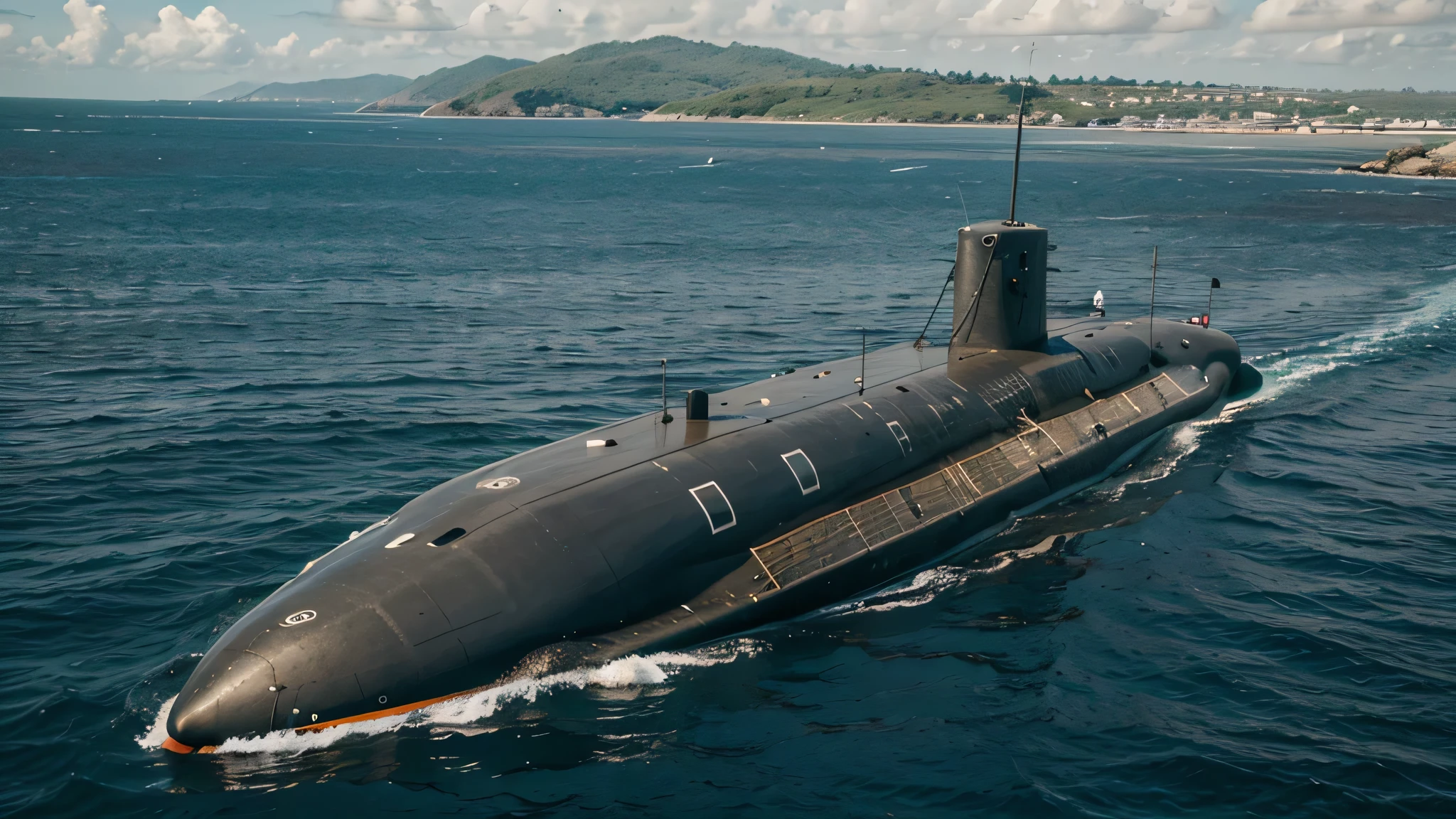 a submarine docked at a island port