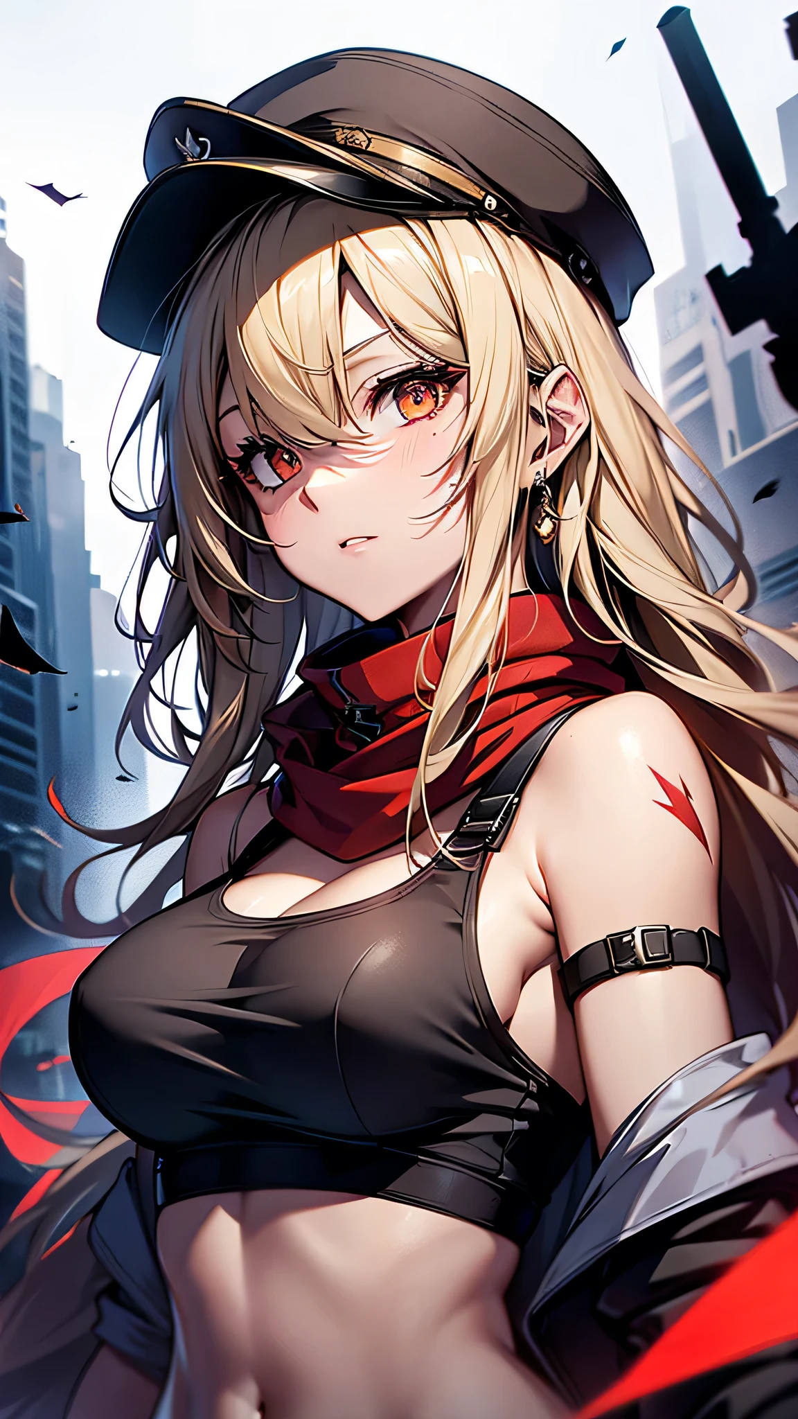 最high quality、Best image quality、masterpiece、girl((Age 25、 By becoming、Best Bust、Medium Bust,Wide open breast tea、Red glowing eyes,Blonde、Red Mesh、Disheveled Hair、Lointail、thin,The highest valley、Open chest、Luminous Wristbands、hair ornaments、Show the whole body,Black tank top、Red Bandana、Shortuscular、revolver、scar、Military Cap、Shooting Pose、Full body scar、)),high quality、Beautiful art、background((Photography room))、Flight、Flying debris、Written boundary depth、movie、Visual Arts、Perfect art、8K,Genuine,