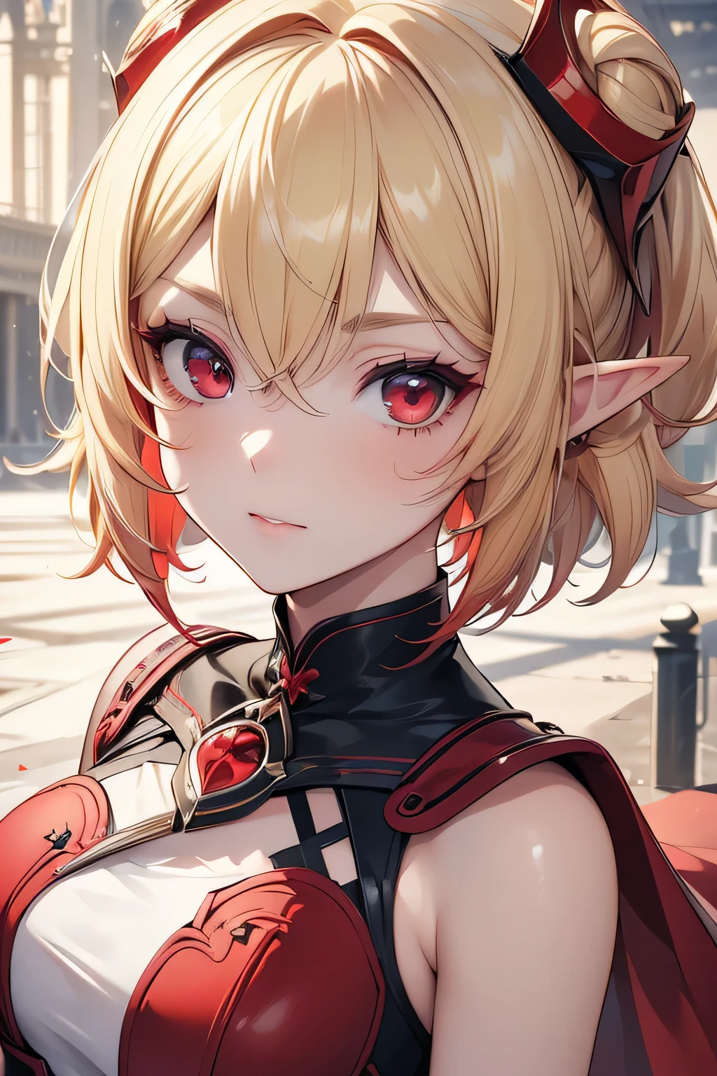 absurdres, (8k, RAW photo, best quality), masterpiece, hyper detailed, perfection, best quality, photo-realistic, (((1girl:1.2))), (((blond girl))), (((solo:1.2))), elf, elf ears, (((blond shortcut hair))), (((burgundy ends of hair))), (((scarlet red eyes))), (slanted red eyes, tsurime), blond eyebrows, (hair ornament), (portrait:1.34), face shot, full-length:1.5, (((fashion model pose))), at schoolyard, daylight, amazing shadow, close-up, ((red watery eyes)), (((face close-up))):1.4, hair ornament, black battle suit