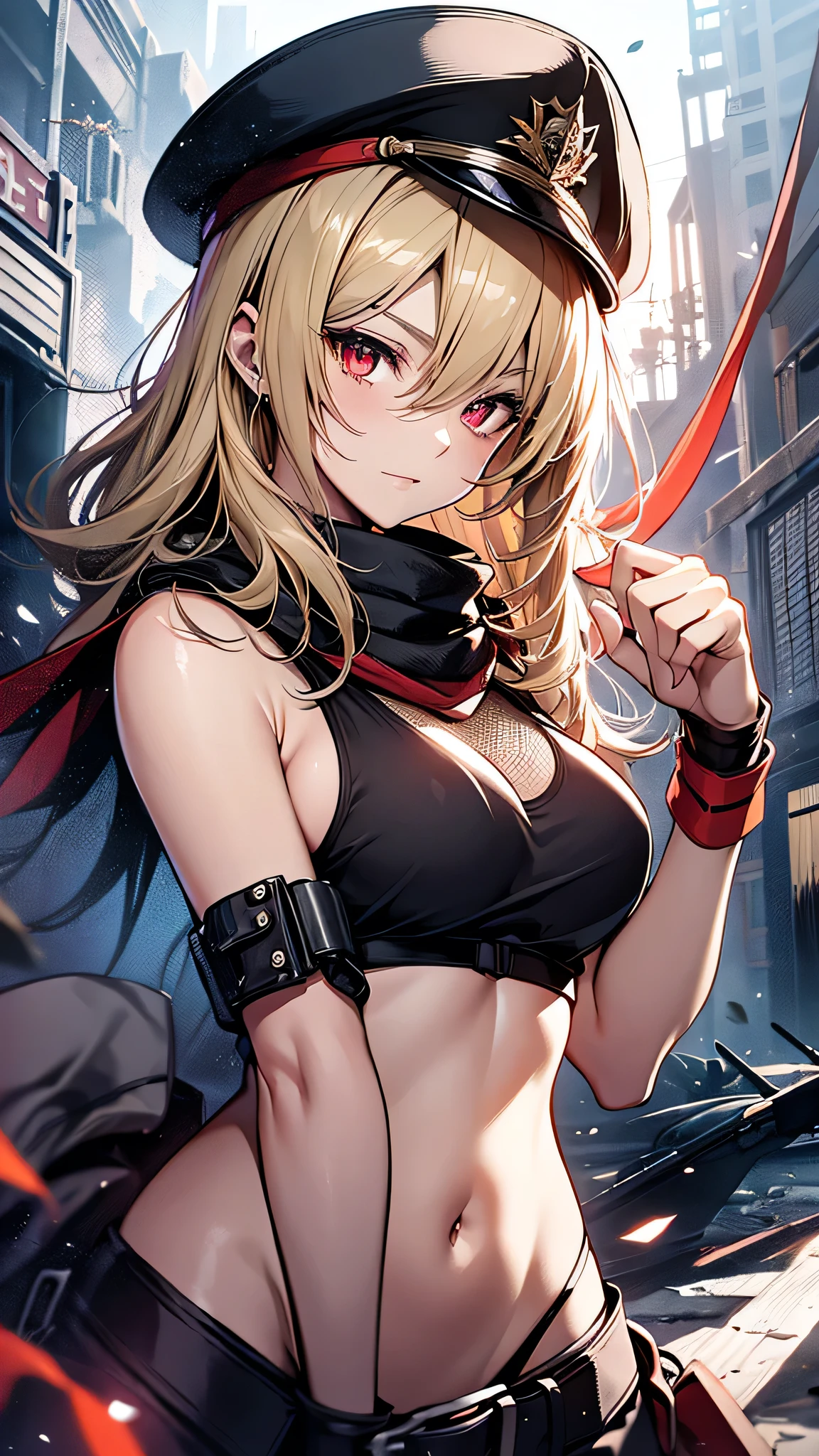 最high quality、Best image quality、masterpiece、girl((Age 25、 By becoming、Best Bust、Medium Bust,Wide open breast tea、Red glowing eyes,Blonde、Red Mesh、Disheveled Hair、Lointail、thin,The highest valley、Open chest、Luminous Wristbands、hair ornaments、Show the whole body,Black tank top、Red Bandana、Shortuscular、revolver、scar、Military Cap、Shooting Pose、Full body scar、)),high quality、Beautiful art、background((Photography room))、Flight、Flying debris、Written boundary depth、movie、Visual Arts、Perfect art、8K,Genuine,