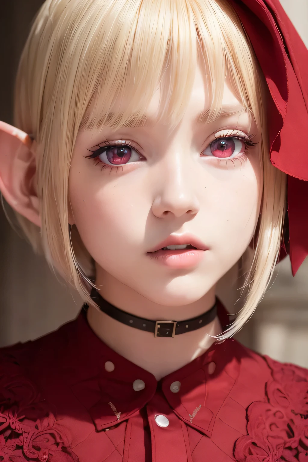 absurdres, (8k, RAW photo, best quality), masterpiece, hyper detailed, perfection, best quality, photo-realistic, (((1girl:1.2))), (((blond girl))), (((solo:1.2))), elf, elf ears, (((blond shortcut hair))), (((burgundy tips of hair))),  (((scarlet red eyes))), (slanted red eyes, tsurime), blond eyebrows, (hair ornament), (portrait:1.34), face shot, full-length:1.5, (((fashion model pose))), at schoolyard, daylight, amazing shadow, close-up, ((red watery eyes)), (((face close-up))):1.4