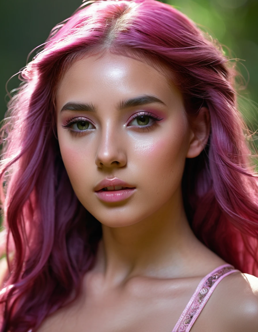 high resolution full length RAW photograph of a 21 yo woman, a wood nymph, photorealistic, cinematic, dramatic, neoclassical, beautiful face, very pretty, perfect face, well formed facial features, exotic long dark pink hair, natural make up, glistening skin tight transparent see-through costume, short depth of field, full body length, accurate face, high quality detail facial features, accurate hands, accurate feet, outdoors, daytime, sensual, erotic