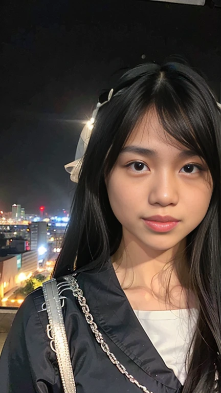 best quality, ultra high res, (photorealistic:1.4), 1girl, the girl wearing black sailor uniform, long hair, night, city scape background, city light, cinematic lighting, 80s filter, zoom to face, detailed face , looking at viewer, front view