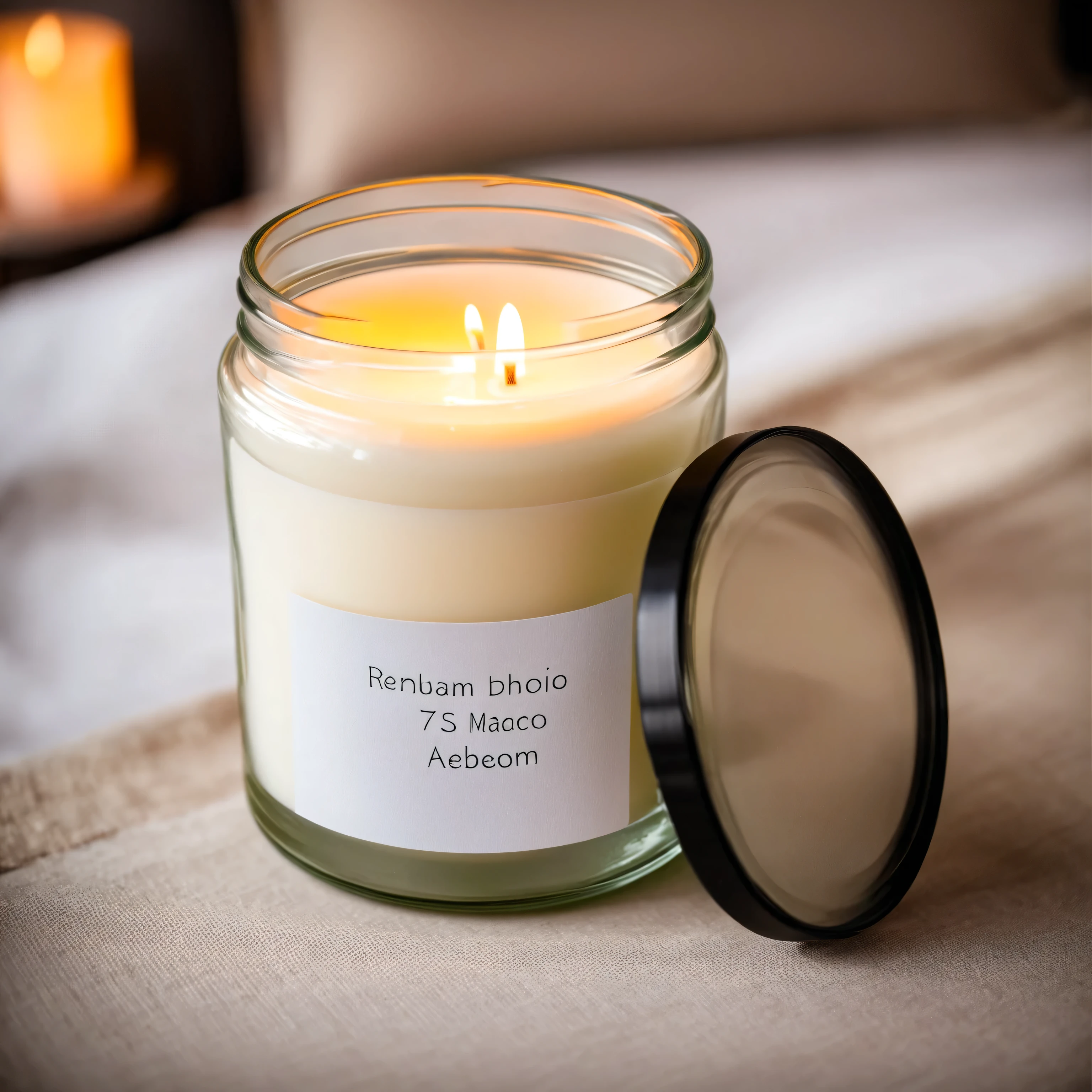 small candle in a jar with white label and black lid, standing on a table with cosy boho bedroom in defocused background, daylight, professional photography, a7s 50mm macro lens