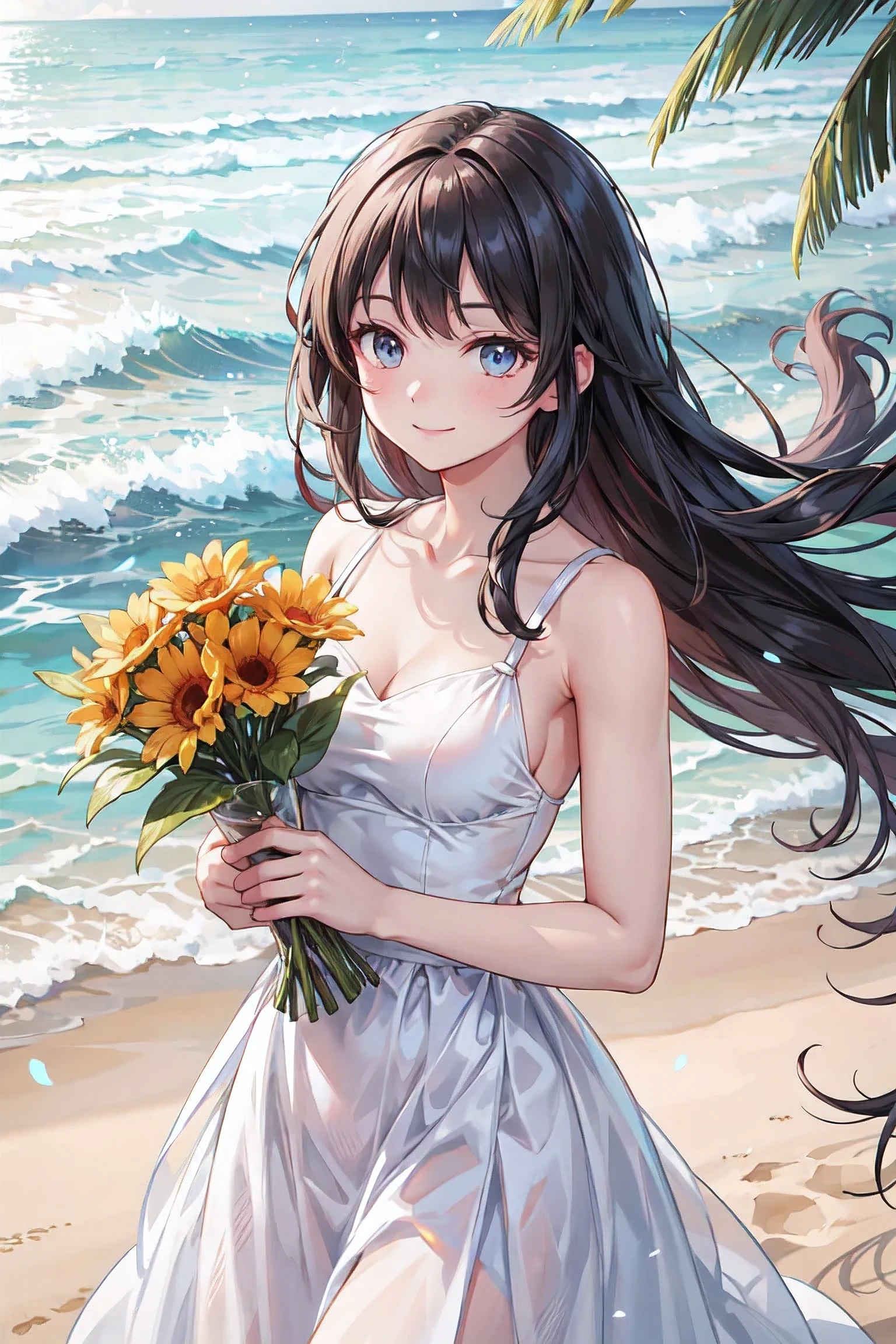 a beautiful woman, a white and dress, in a beautiful beach, long hair in a mess, flirting, light smile, Holding flowers, ultra HD, realistic, bright colors, high detail, UHD drawing, perfect composition, beautiful detailed complex
