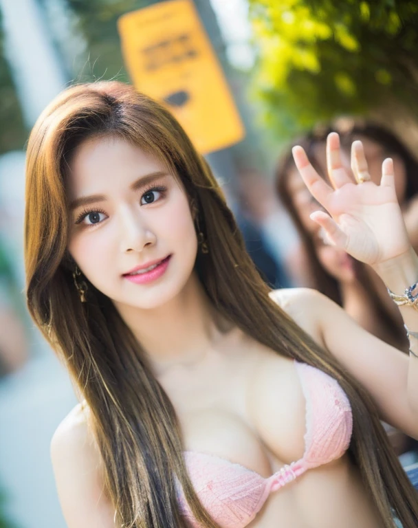 masterpiece, woman 4, dynamic, kpopIDOL, promotional photo, raise hand, shout, kiss, face close, downtown, hustle, impressive eyes, fine skin texture, confident lol, overhead view, strabismus, strabismus, strabismus, high resolution, profoto, street corner, crotch, pink, sheer bra, string bikini, spotlight, rock singer, rainbow hair,, navel, straight hair, hands in pockets, Headphones, Long Hair, Tattoo