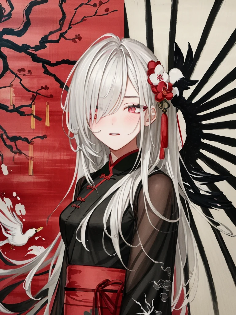 (masterpiece), (best quality),(illustration), looking at viewer,colorful,from side,((chinese colorful ink)),flat color,(phoenix:1.5,bird:1.3),sunset, standing on a building,
(1girl:1.2),detailed long white hair + red eyes,detailed face,full body, (white hair:1.4), (mole under eye:0.9), squinting,eyeshadow, hair ornament, small breasts,((kimono)), cold face,long floating hair,,hair over one eye\\,
(portrait),((ink splashing)),((chinese colorful ink)), ((Chinese color ink painting style))
upper body,(white hair +red eyes),(cute face:0.95),(detailed beautiful face:0.95),colorful painting,
(Floating),(Amazing),(Absurd),((sharp focus)), ((extremely detailed)), ((high saturation)),((surrounded by color ink splashes)),((extremely detailed body)),((colorful))