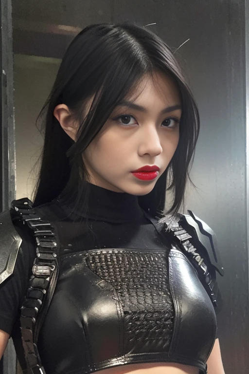 masterpiece,Best quality,A high resolution,8K,(Portrait photograph:1.5),real photograph,digital photography,(Combination of cyberpunk and fantasy style),(Female soldier),20 year old girl,random hair style,By bangs,(Red eyeigchest, accessories,Redlip,(He frowned,Sneer),(Cyberpunk combined with fantasy style clothing,Openwork design,joint armor,police uniforms,Combat Assassin Costume,),exposing your navel,Photo pose,Realisticstyle,Thunder and lightning on rainy day,(Thunder magic),oc render reflection texture