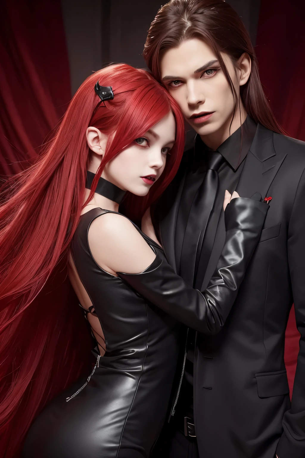 masterpiece, best quality, highres, 1girl, solo, modern vampire, red hair, long hair, open hair, red eyes, evil smile, 2 young boys on her both sides, both vampires with red hair, red and black outfit, scary background