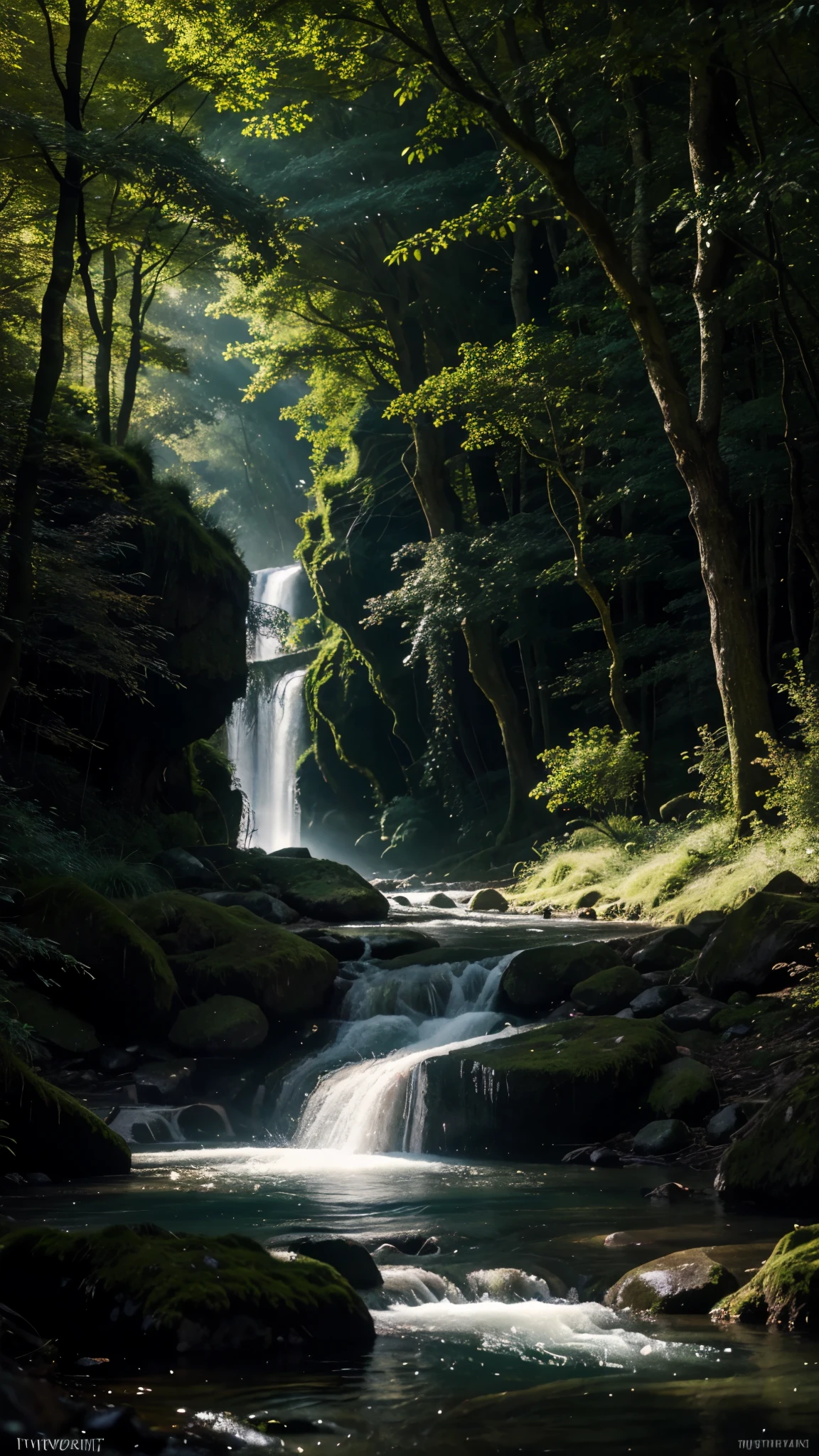 Mystical Forest with Magical Creatures": A dense forest bathed in ethereal light, with whimsical creatures like fairies and unicorns, glowing flora, and a sparkling river running through it.     use vibrant colors