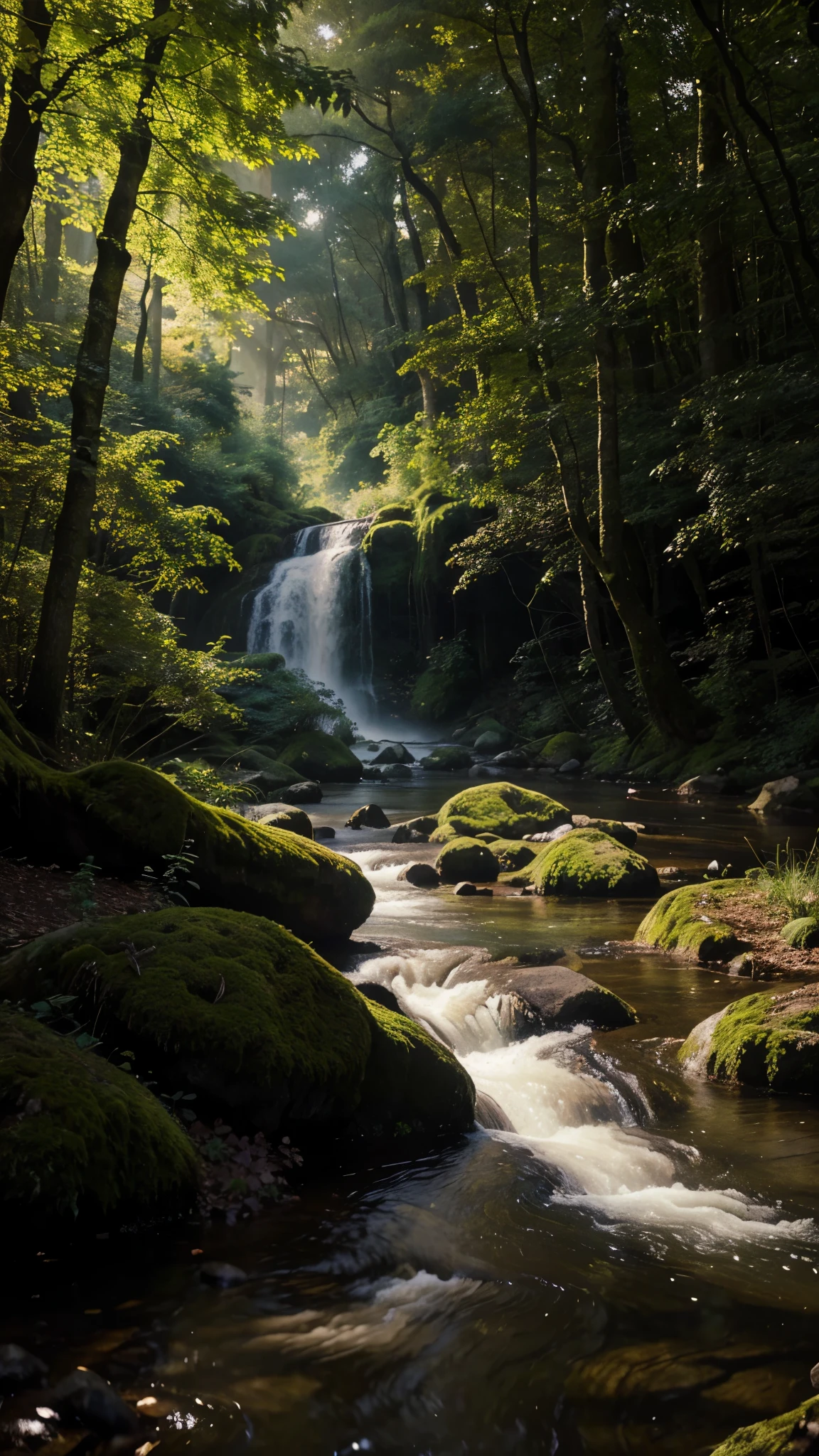 Mystical Forest with Magical Creatures": A dense forest bathed in ethereal light, with whimsical creatures like fairies and unicorns, glowing flora, and a sparkling river running through it. use vibrant colors