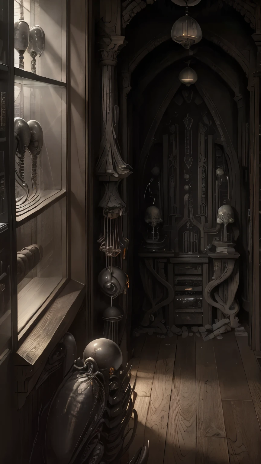 hrgiger。highest quality。Masterpiece。Detailed details。Creepy dark hallway。Historic building corridor。On the antique desk in the corner of the hallway(Inside the glass case、(Objects like organs are on display))。