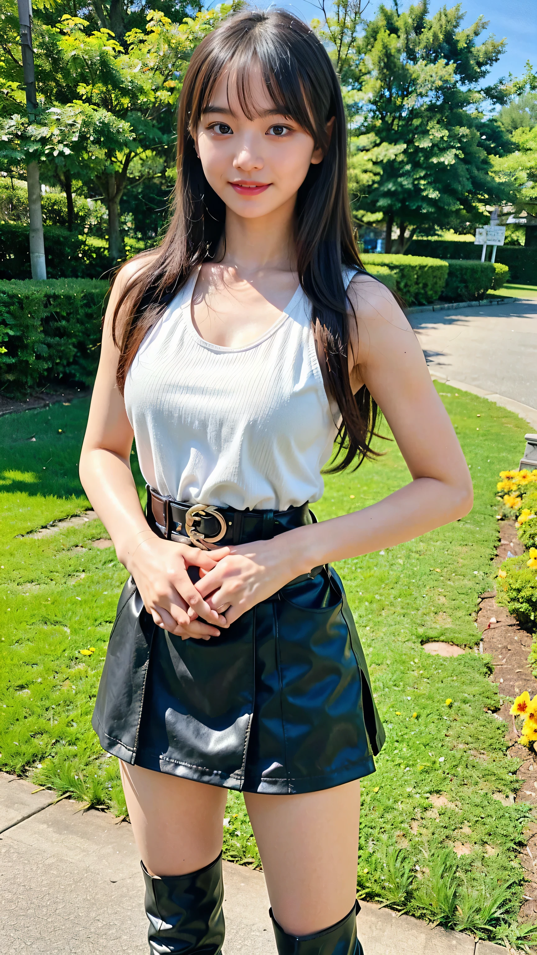 (8k、RAW Photos、highest quality、masterpiece:1.2)、(Realistic、Realistic)、1 girl、((White tank top、belt、smile、Arm support、Fingerless gloves、Black Mini Skirt、Large Breasts、Belly button、View from the front、garden、Garter belt、Underarm、whole body、short boots、Standing with hands on hips))、Lots of eyelashes、Glowing eyelids、skeletally correct