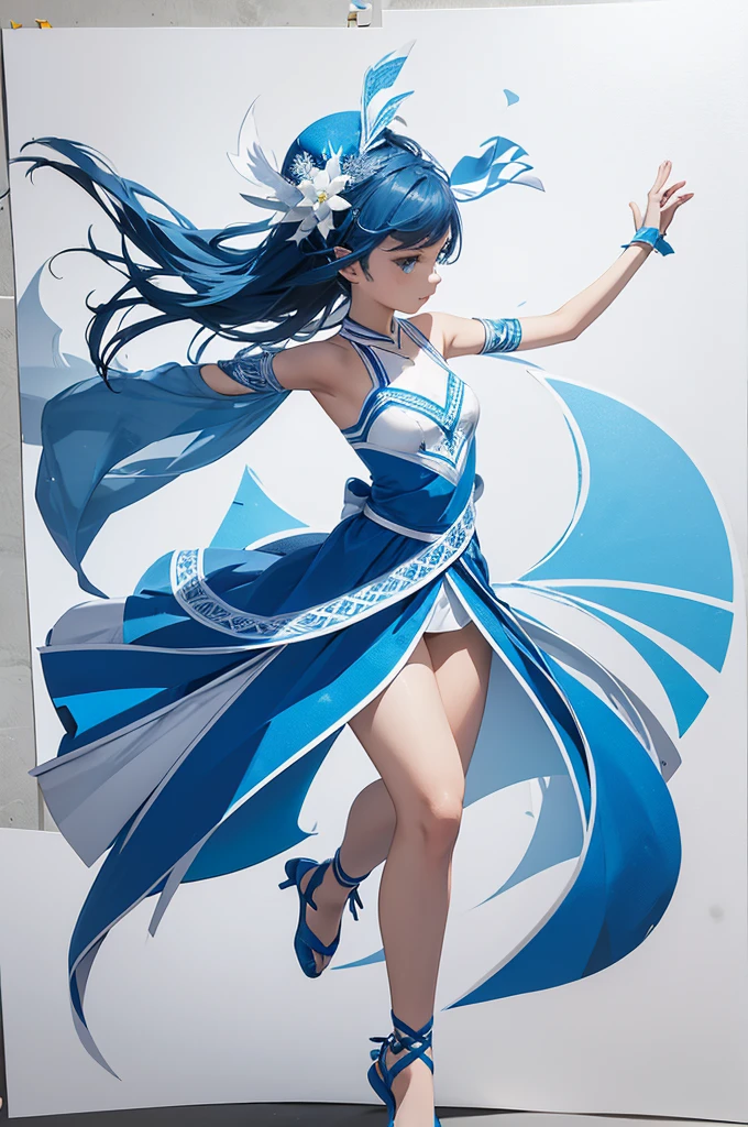 paper cutout art,white background,blue paper,delcate cutout,graftical designed,floating dancer,