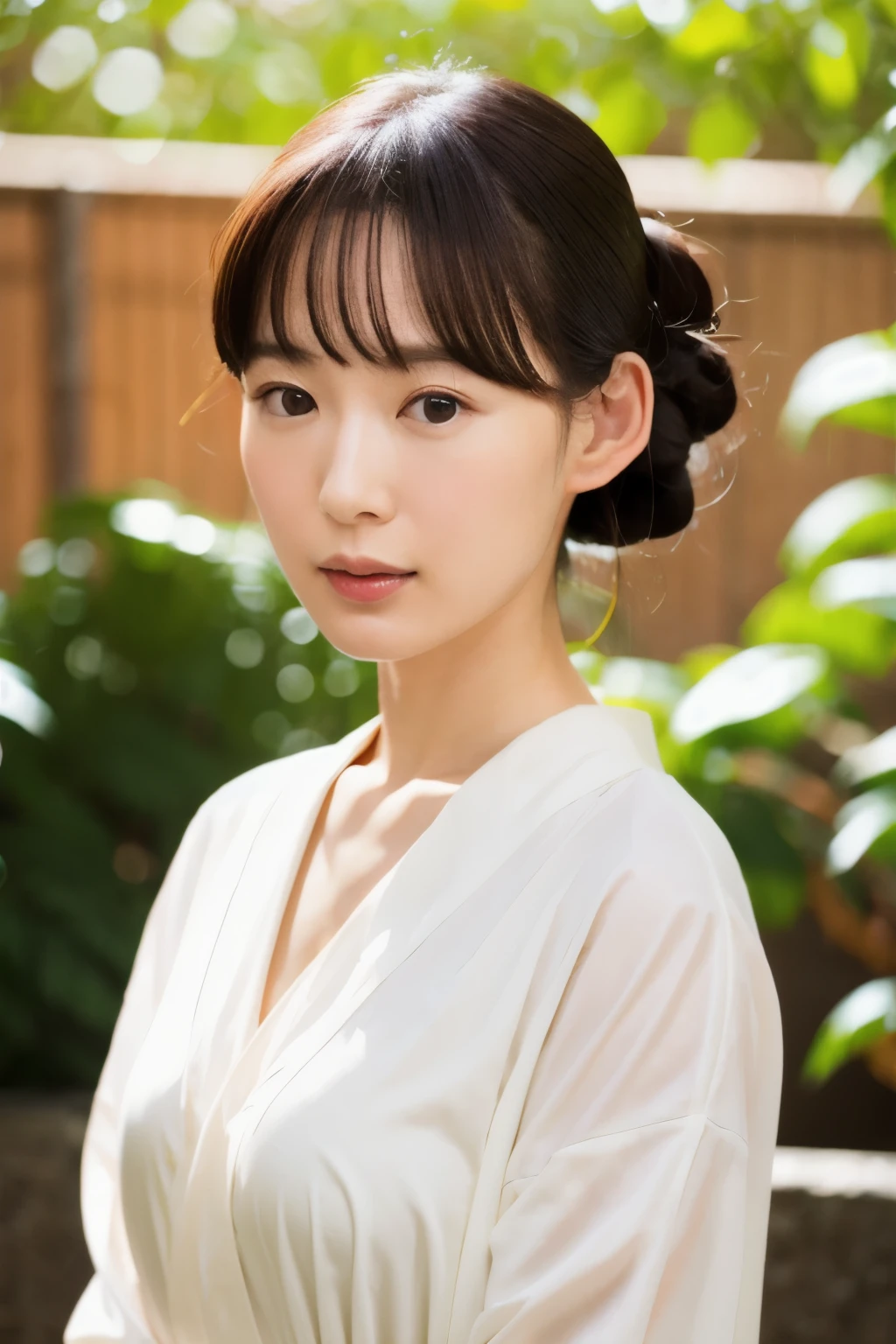 Masterpiece, High quality, High resolution, 8K, Realistic Japan woman in bamboo bushes, beautiful japanese female, goddess of Japan, Beautiful Face, detailed face, detailed eyes, Tie up your hair, Wearing a white wet translucent kimono, Inserting kanzashi, A MILF, Sexy Japanese woman, A 30-year-old woman, Looking at the camera, facing front, face forwards, rain is falling, Beautiful collarbone