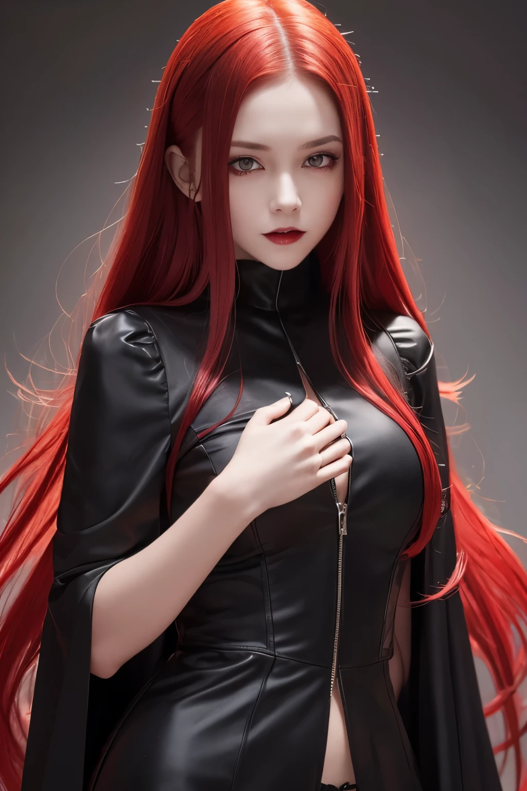 masterpiece, best quality, highres, 1girl, solo, modern vampire, red hair, long hair, open hair, red eyes, evil smile, 2 young boys on her both sides, both vampires with red hair, red and black outfit, scary background