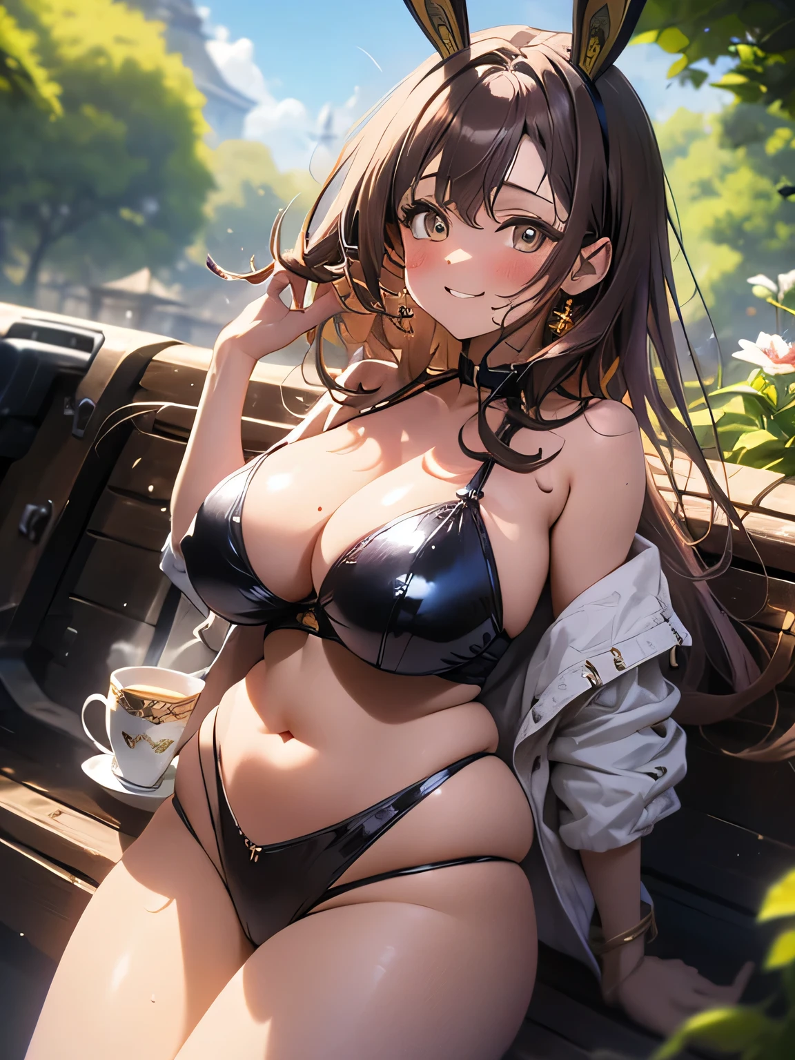 Anime illustration、highest quality、Fairy tale、Fantasy、Alice in Wonderland、plump female traveler、Bunny ears、Luxurious tea party、English Garden、Long machine、Big Breasts、Thick legs、Beautiful, shining eyes、smile、Noise Reduction