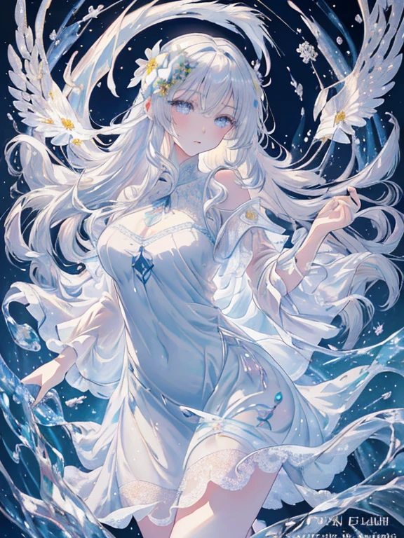 Heavenly Paradise, White Lighting,(Pieces fly), (highest quality), (Cinematic), 8k, (Art Station),(長いGray HairとSilver Eyesを持つ1人の女), (Beautiful and delicate face)、[Frozen Tree々々], [Landscape Crystal], [Lighting], [Mysterious atmosphere:1.1], [Fantasy, Short Story] ,[soft なLighting] 、(+Cinematic shot:1.2)、 [+Art Station] 、[+Light white background] 、 [Soft glow] 、(Creative and dynamic angles:1.3), [+Crystal Toning] 、Pieces fly, Very detailed, Very detailed, alone, (Pale skin), Silver Eyes, Gray Hair, (Snow Background), (Snowflake Rose Flower:1.0), (shining crystal), (Snow-covered ground), (White eyelashes), Sexy Woman、dreamy and detailed, Gorgeous atmosphere, 妖しい雰囲気 Pieces fly, The most beautiful scene, Majestic、(((Lots of white flowers)))、Quiet and peaceful atmosphere、Charm, All white tones,Inside the Crystal Library,Transparent flowers and falling snow，Many white roses are planted,(Flowing water,waterfall,Water flower),The decoration is also carefully done..,dream（Very detailedです，Creative Design，Crisp, precise lines，KHD，highest quality，masterpiece，超High resolution，In 4K）、Various poses、((Beautiful white flower hair ornament))、Beautiful hairstyle、(highest quality, In 4K, 8k, High resolution, Pieces fly:1.2), Very detailed, Detailed Expression, Graceful posture, Expressive brushwork, Mysterious atmosphere, Artistic interpretation,Delicate floral jewelry， (((Detailed design、Beautiful lace transparent dress、See-through little dress)))、(SFW:1.5), (Oversized breasts, Best body proportions, Large Breast Ratio,:1.5),(White decoration on thigh)、((Beautiful crystal accessories on your feet))。((Beautiful crystal accessories on your wrist))