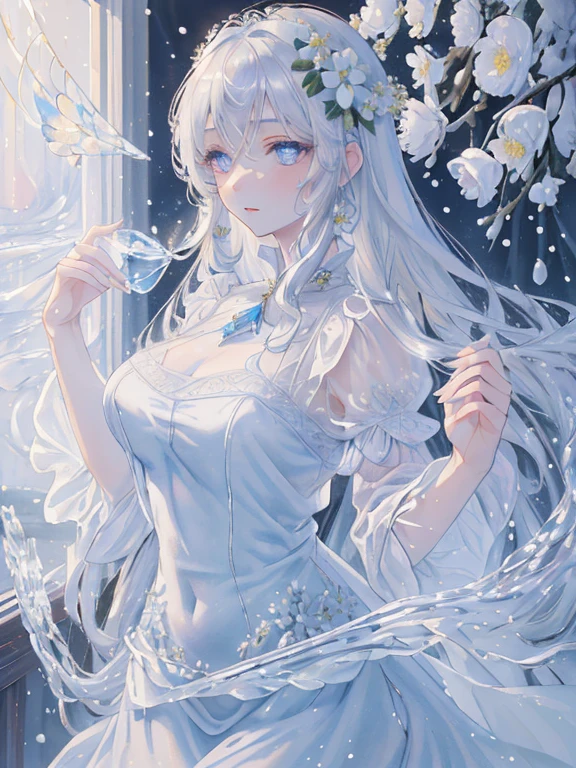 Heavenly Paradise, White Lighting,(Pieces fly), (highest quality), (Cinematic), 8k, (Art Station),(長いGray HairとSilver Eyesを持つ1人の女), (Beautiful and delicate face)、[Frozen Tree々々], [Landscape Crystal], [Lighting], [Mysterious atmosphere:1.1], [Fantasy, Short Story] ,[soft なLighting] 、(+Cinematic shot:1.2)、 [+Art Station] 、[+Light white background] 、 [Soft glow] 、(Creative and dynamic angles:1.3), [+Crystal Toning] 、Pieces fly, Very detailed, Very detailed, alone, (Pale skin), Silver Eyes, Gray Hair, (Snow Background), (Snowflake Rose Flower:1.0), (shining crystal), (Snow-covered ground), (White eyelashes), Sexy Woman、dreamy and detailed, Gorgeous atmosphere, 妖しい雰囲気 Pieces fly, The most beautiful scene, Majestic、(((Lots of white flowers)))、Quiet and peaceful atmosphere、Charm, All white tones,Inside the Crystal Library,Transparent flowers and falling snow，Many white roses are planted,(Flowing water,waterfall,Water flower),The decoration is also carefully done..,dream（Very detailedです，Creative Design，Crisp, precise lines，KHD，highest quality，masterpiece，超High resolution，In 4K）、Various poses、((Beautiful white flower hair ornament))、Beautiful hairstyle、(highest quality, In 4K, 8k, High resolution, Pieces fly:1.2), Very detailed, Detailed Expression, Graceful posture, Expressive brushwork, Mysterious atmosphere, Artistic interpretation,Delicate floral jewelry， (((Detailed design、Beautiful lace transparent dress、See-through little dress)))、(SFW:1.5), (Oversized breasts, Best body proportions, Large Breast Ratio,:1.5),(White decoration on thigh)、((Beautiful crystal accessories on your feet))。((Beautiful crystal accessories on your wrist))