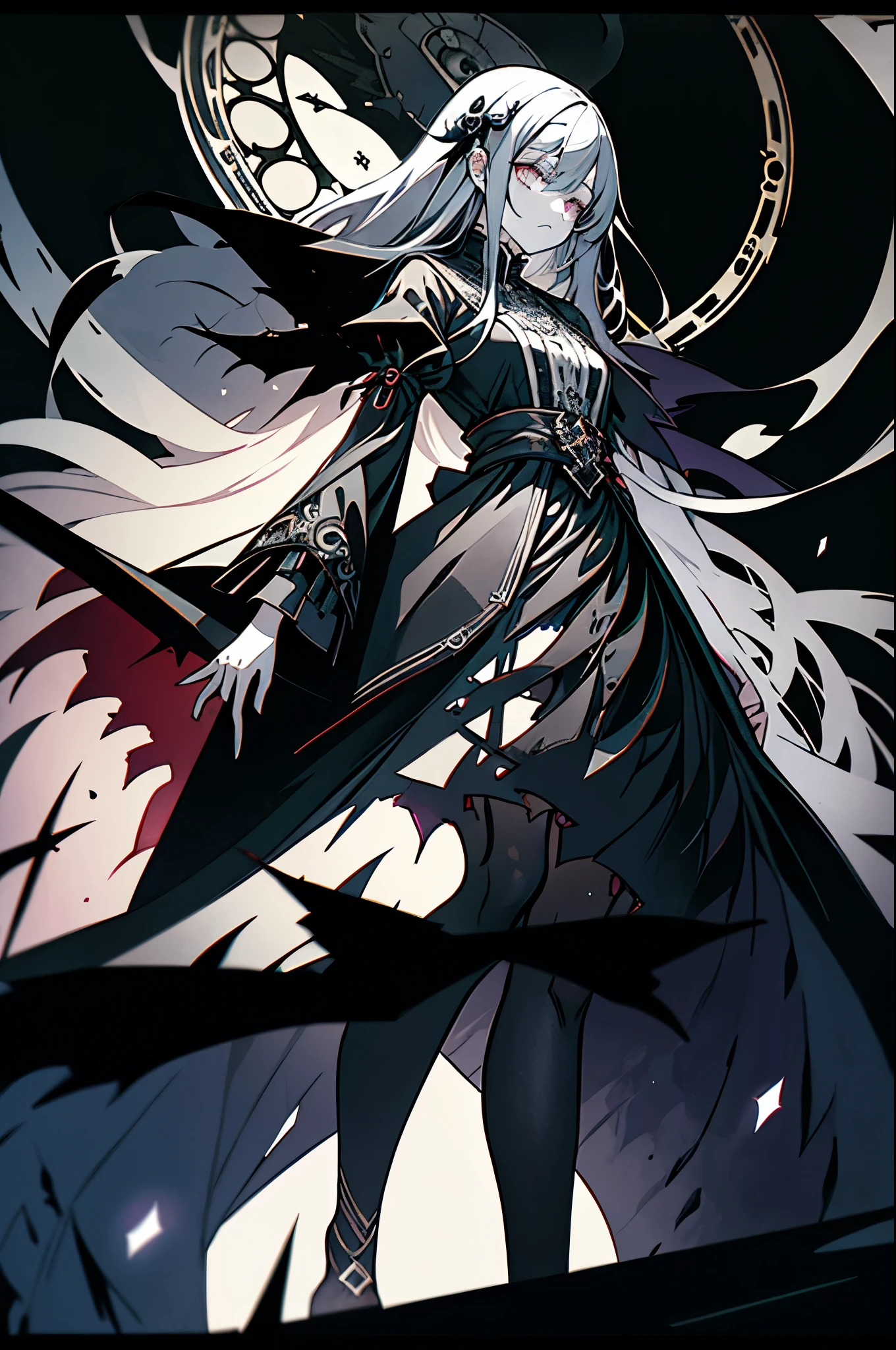 Very long gray hair、Dark eyes、Expressionless、Floating girl、Gothic clothing，(Cool illustration:1.5)、（whole body：1.6），transparent feet、Black and white background　，Redraw Surface，Poker face， There is a big clock behind，The ruined temple，Perish，The End，fantasy,