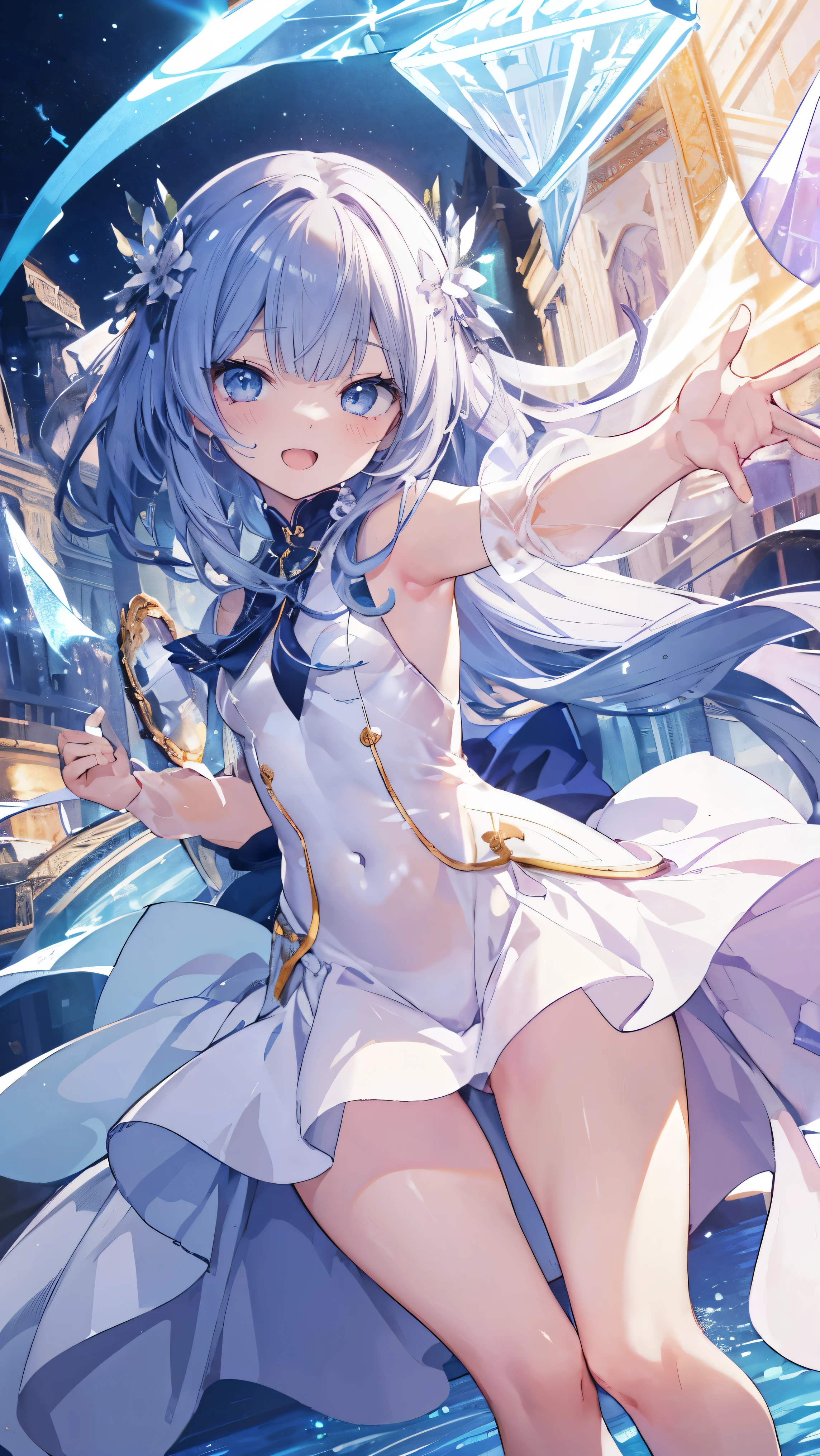 Masterpiece、Highest quality、highest quality、((((Transparency))))、(Open Mouth Smile)、Shiny hair quality、Small face、Dynamic pose、Super detailed, beautiful, wide eyes、Ultra-detailed, clear and beautiful faces、(cute illustration:1.2), High-resolution, ultra-detailed, best quality, embarrassed、Thighs, Awards, Anatomically correct