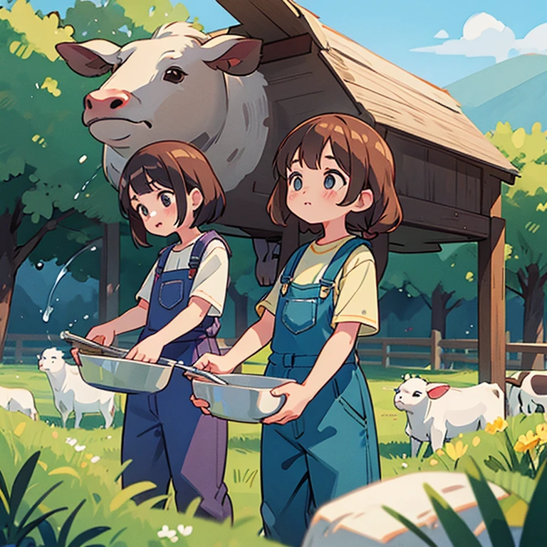 Girls in overalls milking cows on a farm