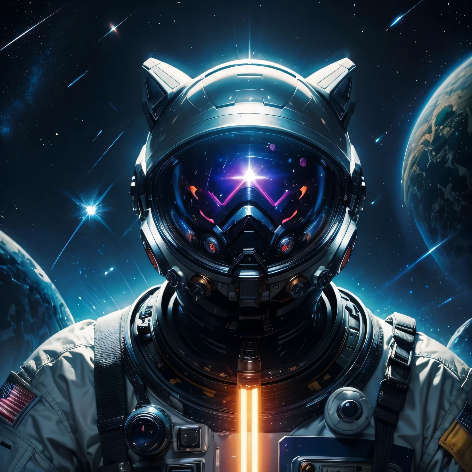 Create an image of a hyper-galactic dog wearing a detailed astronaut suit. The dog should have a futuristic and cosmic appearance, with bright, shimmering fur and glowing eyes. The astronaut suit should be high-tech, featuring a helmet with a transparent visor, various gadgets, and space-themed decorations. The background should depict a vibrant outer space scene with stars, planets, and nebulae, highlighting the adventurous and otherworldly nature of the dog. The overall vibe should be a mix of sci-fi and fantasy, capturing the essence of a space-exploring canine