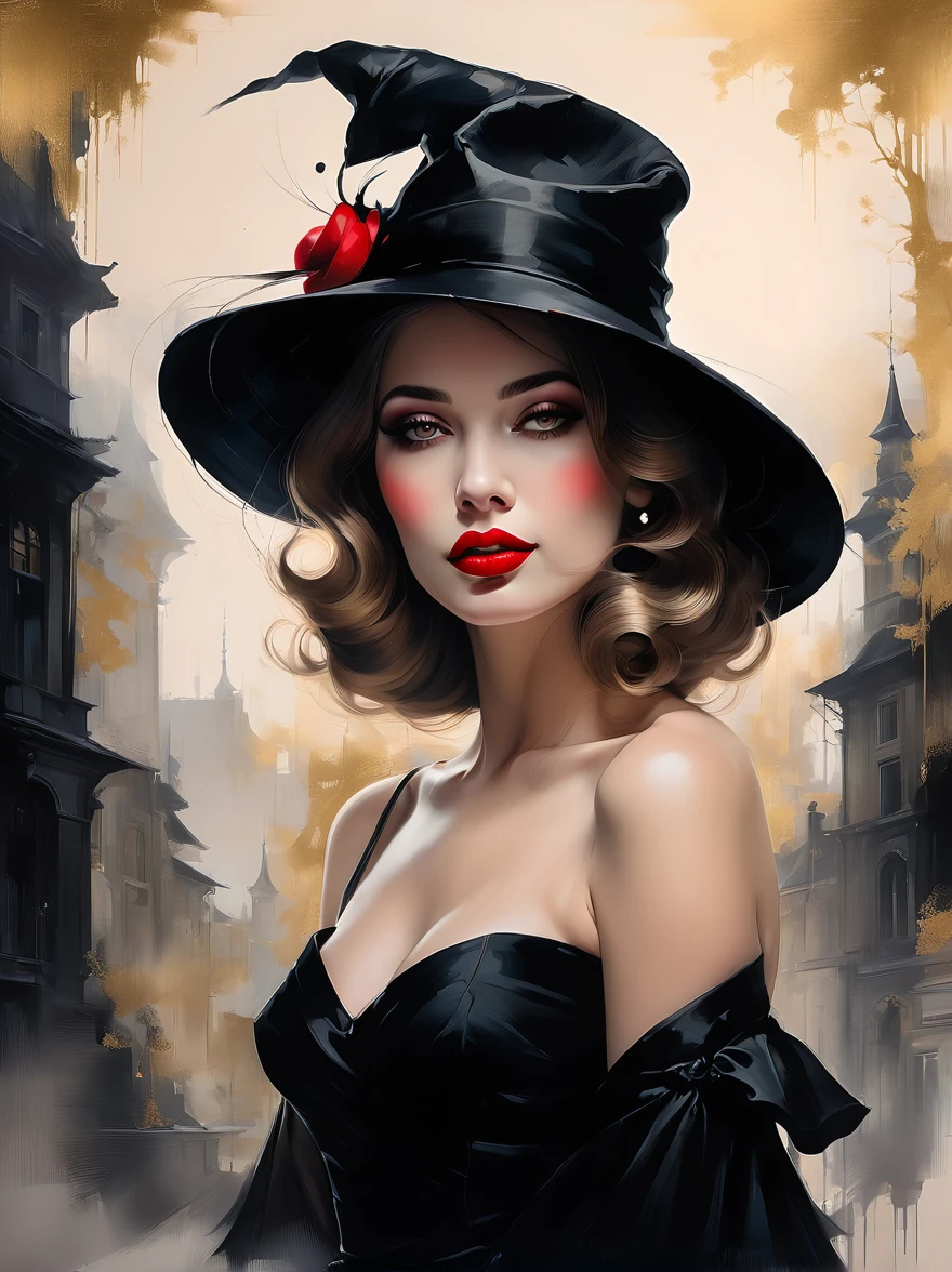 chiaroscuro technique on  illustration of an elegant , retro and vintage ,arafed woman with red lips and a black hat posing for a picture, wearing black dress and hat, sexy lips :5 stylish, sexy face with full makeup, by Wayne England, thick red lips, beautiful witch with long hair, sexy red lips, wearing black old dress and hat, mysterious glamour, matte painting, by Hannah Dale, by Harumi Hironaka, extremely soft colors, vibrant, pastel, highly detailed, digital artwork, high contrast, dramatic, refined, tonal, golden ratio