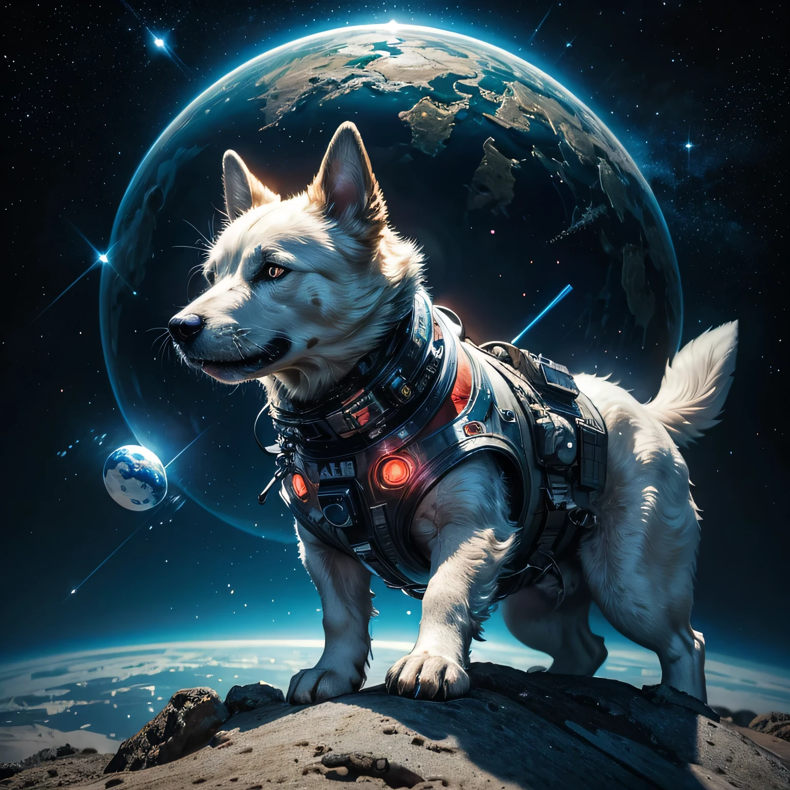 Create an image of a hyper-galactic dog wearing a detailed astronaut suit. The dog should have a futuristic and cosmic appearance, with bright, shimmering fur and glowing eyes. The astronaut suit should be high-tech, featuring a helmet with a transparent visor, various gadgets, and space-themed decorations. The background should depict a vibrant outer space scene with stars, planets, and nebulae, highlighting the adventurous and otherworldly nature of the dog. The overall vibe should be a mix of sci-fi and fantasy, capturing the essence of a space-exploring canine