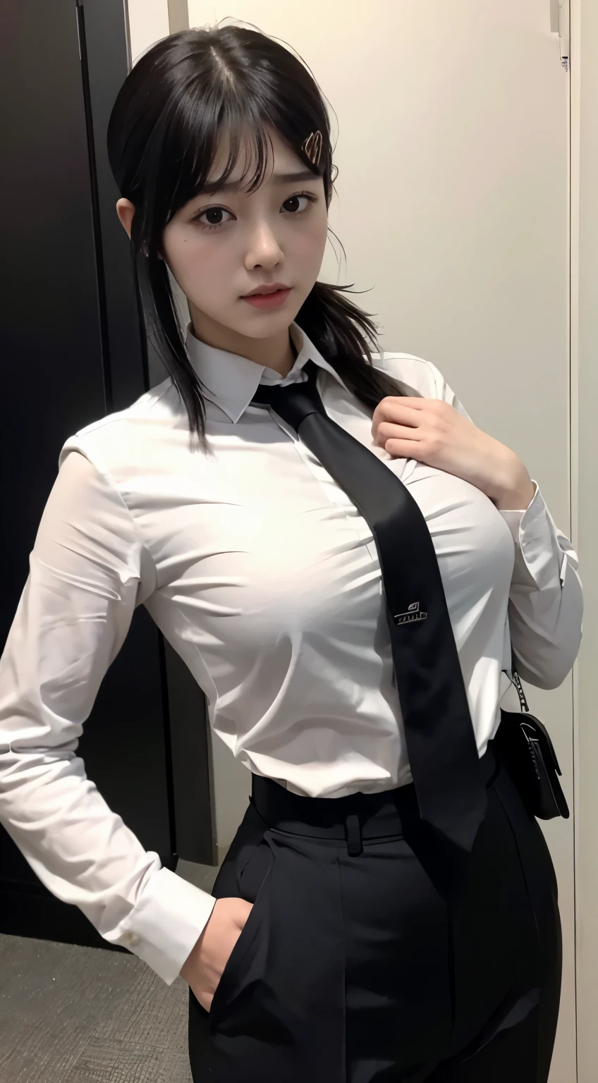 Highest quality、Ultra-high resolution、Professional Lighting、Detailed Background、workroom、full body,Kobeni-chan、A sloppy smile、25-year-old woman、beautiful girl、(Kobeni-chan、Jet black hair, Black Hair, bangs, One-sided hair,)、(Red Hair Clip:1.1)、(White shirt:1.2)+(Black tie:1.2)+(black long pants for work:1.2)、(???????????? that look like they might burst:1.2)、(Big thighs:1.1)、Are standing、Model pose