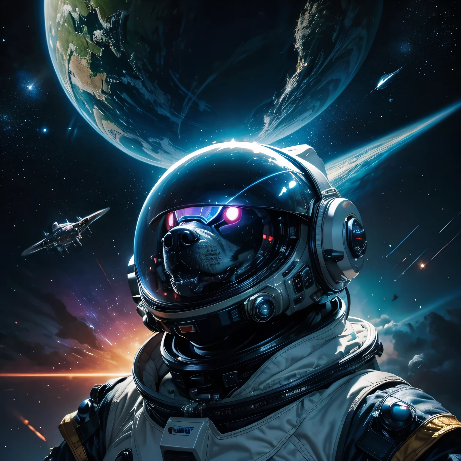 Create an image of a hyper-galactic dog wearing a detailed astronaut suit. The dog should have a futuristic and cosmic appearance, with bright, shimmering fur and glowing eyes. The astronaut suit should be high-tech, featuring a helmet with a transparent visor, various gadgets, and space-themed decorations. The background should depict a vibrant outer space scene with stars, planets, and nebulae, highlighting the adventurous and otherworldly nature of the dog. The overall vibe should be a mix of sci-fi and fantasy, capturing the essence of a space-exploring canine