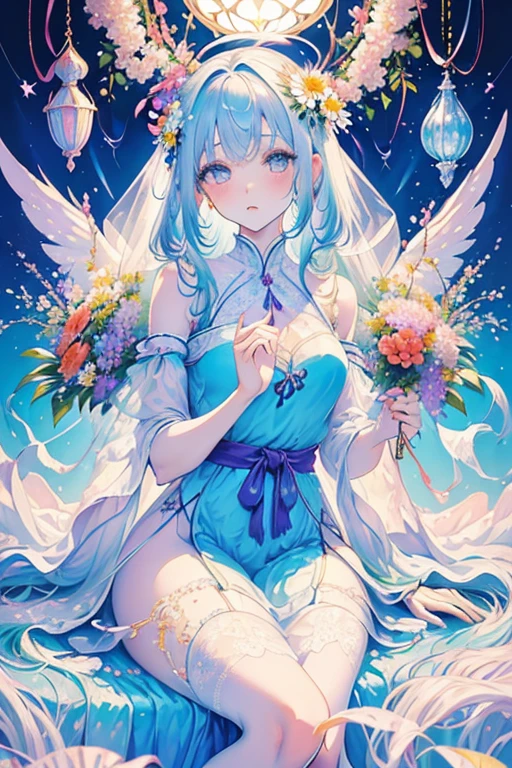 Woman in see-through white dress sitting in flower field, Ethereal and dreamy, Ethereal beauty, a stunning young Ethereal figure, dreamy and Ethereal, white hime cut hairstyle, Ethereal!!!!!!!, Ethereal fairytale, Beautiful maiden, pale snow-white skin, Ethereal!!!, by Torii Kiyomoto, fairycore, very Ethereal, extremely beautiful and Ethereal、there is a bouquet of Flowers that is sitting on a chair, colourfull Flowers bouquet, bouquets, ❤🔥🍄🌪, bouquet, colorful Flowers, Bright and soft colors, colorful pastel, Bright pastel colors, Bright pastel colors, in pastel colors, colourfull pastel, beautiful Flowers, beautiful colourfull, Flowers!!!!, colourfull, In beautiful colors, 🌸 🌼 💮、Woman in blue dress standing on wall, translucent  dress, transparent gray dress, sexy gown, with a thin waist, long gown, long-one-piece dress female, Full length view, fantasy dress, low cut dress, opened dress, wearing long gown, see through dress, fantasy long intricate gown, long-one-piece dress, gown, wearing an evening gown, femme, gorgeous woman
