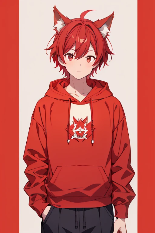 Standing portrait of a high school boy with red hair, wolf ears and a red open hoodie