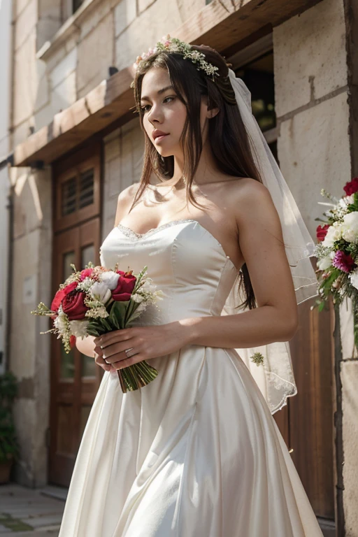 masterpiece:1.2, Best quality), realistic, (Real picture, complex parts, depth of field), (1 girl, One), draw up, parted lips, very detailed, perfect face, (dent in the skin), thick thighs, wide hips, small waist, high, shiny coral lips,, (Girl in a wedding dress with flowers in her hands. )), sexual, blushing, Mikasa from AOT