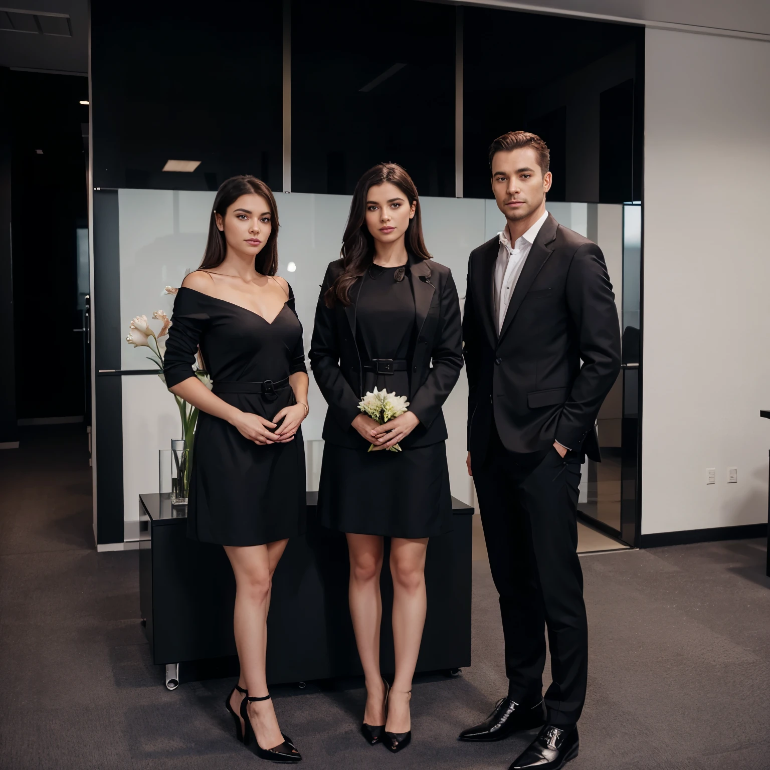 Three man standing beside three woman holding their waist, detailed, beautiful, dress black 1,1, full suit 1,1 black shoe, black heels, office theme violet vase with white tulips , wide window