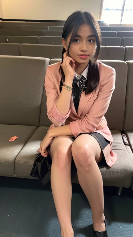 （Pure and cute Chinese college student 1.5）， (20 years girl student), ((College Uniform silky pink blazer and silky black Knee length skirt)), ((skirt: 1.5), 8K, Masterpiece, RAW photo, Best quality, Photorealistic, Extremely detailed CG Unity 8K wallpaper, Depth of field, Cinematic light, Lens flare, Ray tracing, (Extremely beautiful face, Beautiful lips, Beautiful eyes), intricate detail face, ((ultra detailed skin)),（true to life，Photorealistic 1.8）,((best qualtiy, 8K, tmasterpiece:1.3)),SLR camera (double eyelid，largeeyes:1.3),（smile1.5），（Full body photo 1.5）（One person 1.5）Clear focus 1.2, Perfect body beauty:1.4 , Delicate skin1.1,（Short black hair 1.6），（Delicate makeup1.4），（Pure desire 1.3）(Black pantyhose 1.5)（The leg length is one meter two，1.5），Hair is slightly curled，Black hair,  Bow knot, Slender legs，canvas Matty Black shoe，With earrings，Wristband jade bracelet，posing in University auditorium hall, 4 different poses, beautiful knees , no need extra legs, no need extra hands, no need extra fingers, do not show panty, do not expose, no need stockings, no need full thighs show.